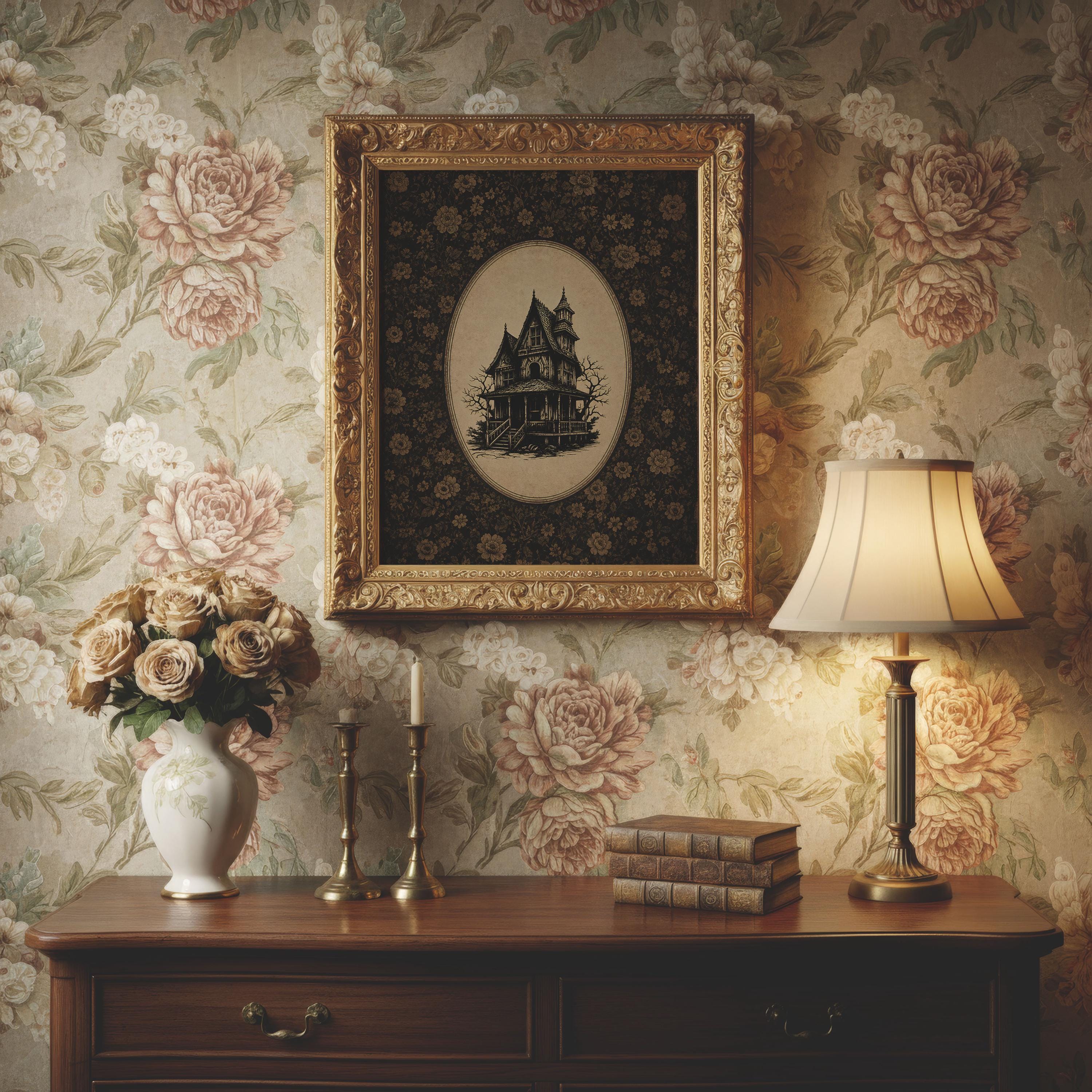 Cute Haunted House Wall Art | Vintage Halloween Wallpaper Print | Whimsical Gothic Decor | Spooky Cottage Art