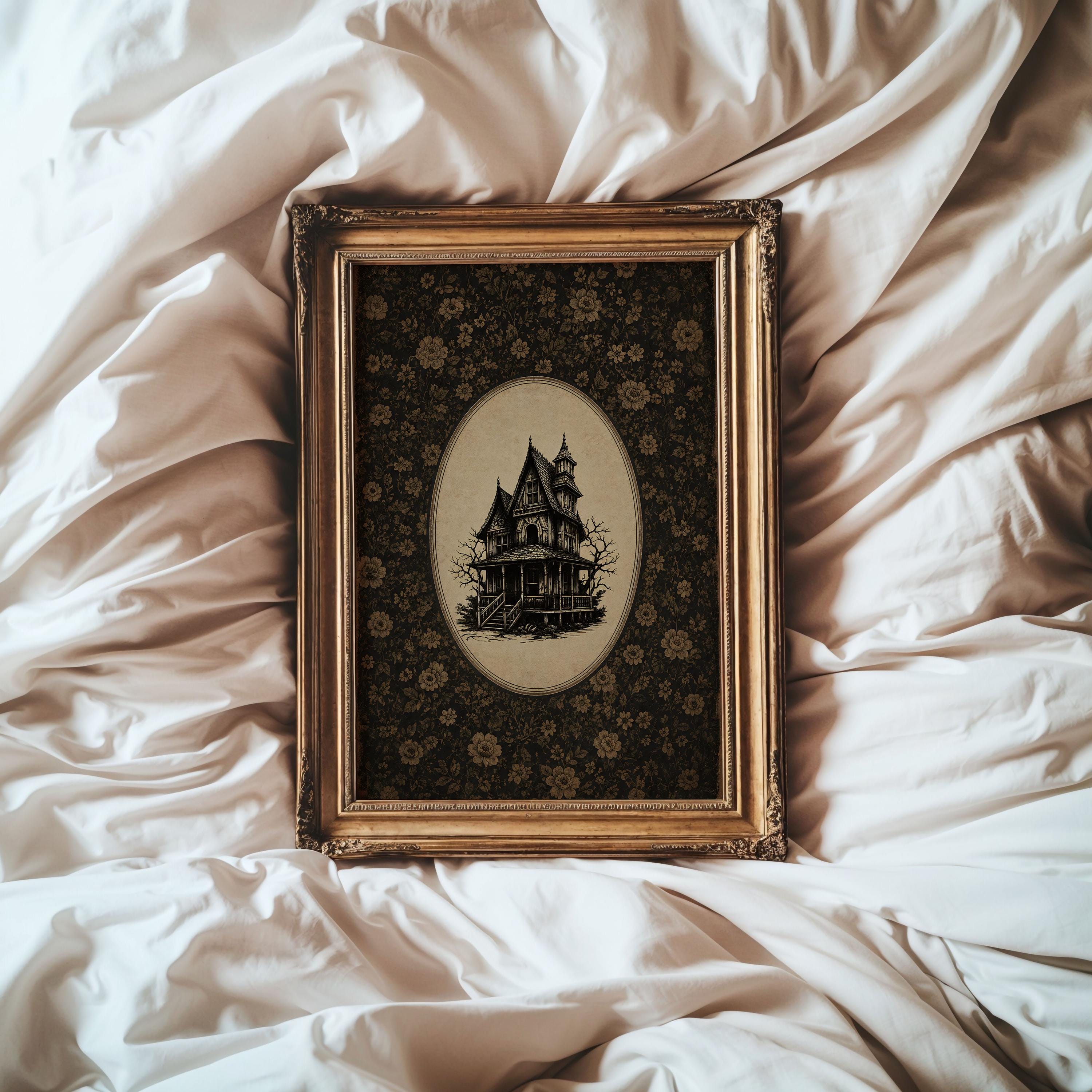 Cute Haunted House Wall Art | Vintage Halloween Wallpaper Print | Whimsical Gothic Decor | Spooky Cottage Art