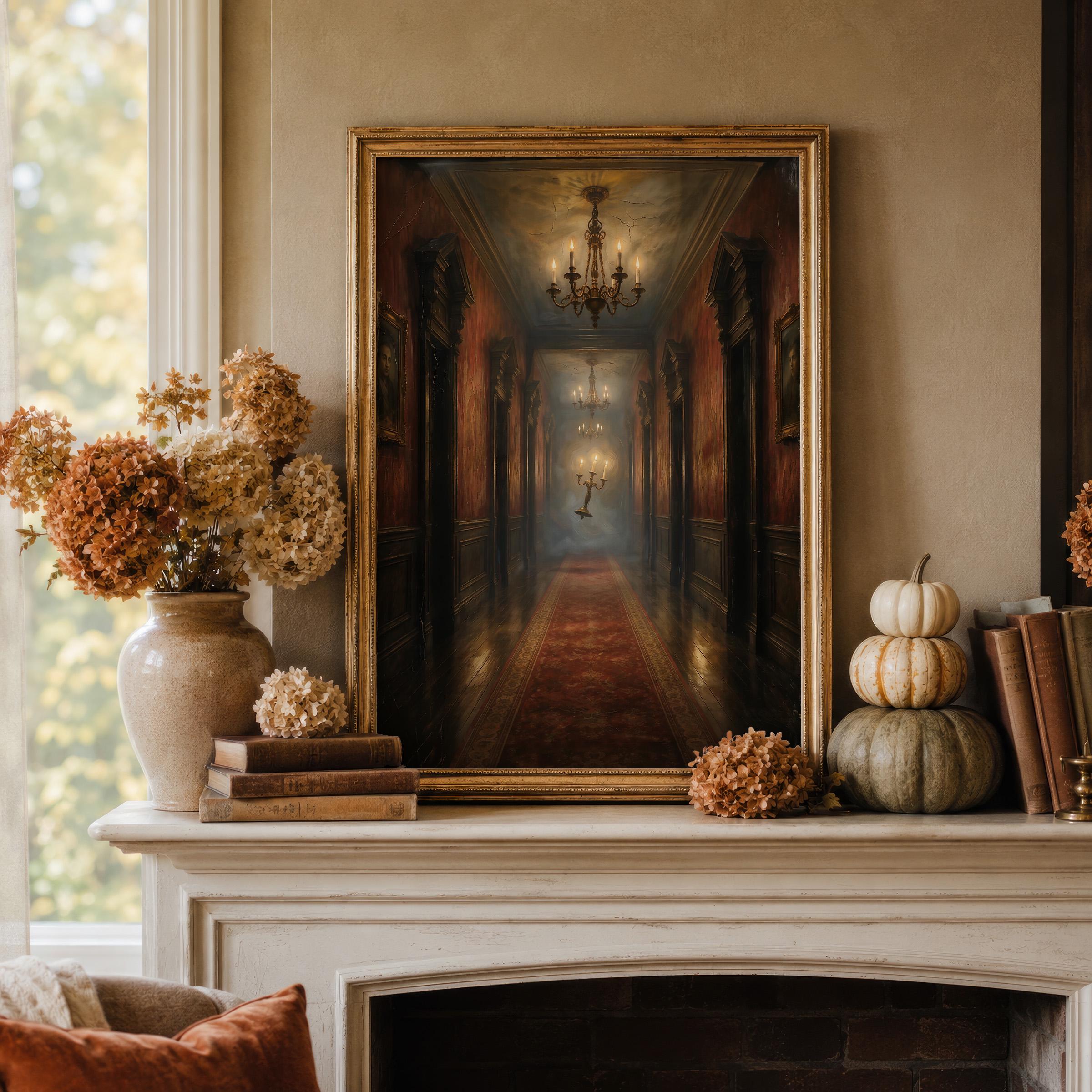 Floating Candelabra Wall Art | Haunted Hallway Print | Spooky Gothic Halloween Decor | Dark Academia Painting