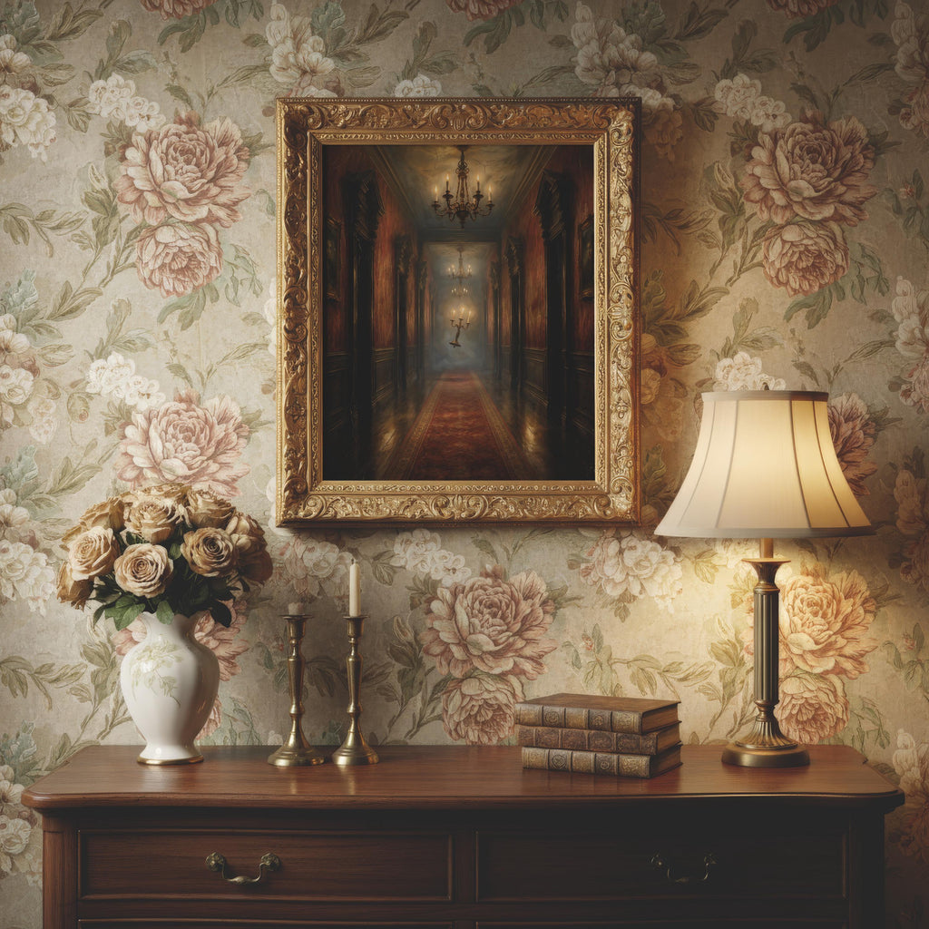 Floating Candelabra Wall Art | Haunted Hallway Print | Spooky Gothic Halloween Decor | Dark Academia Painting