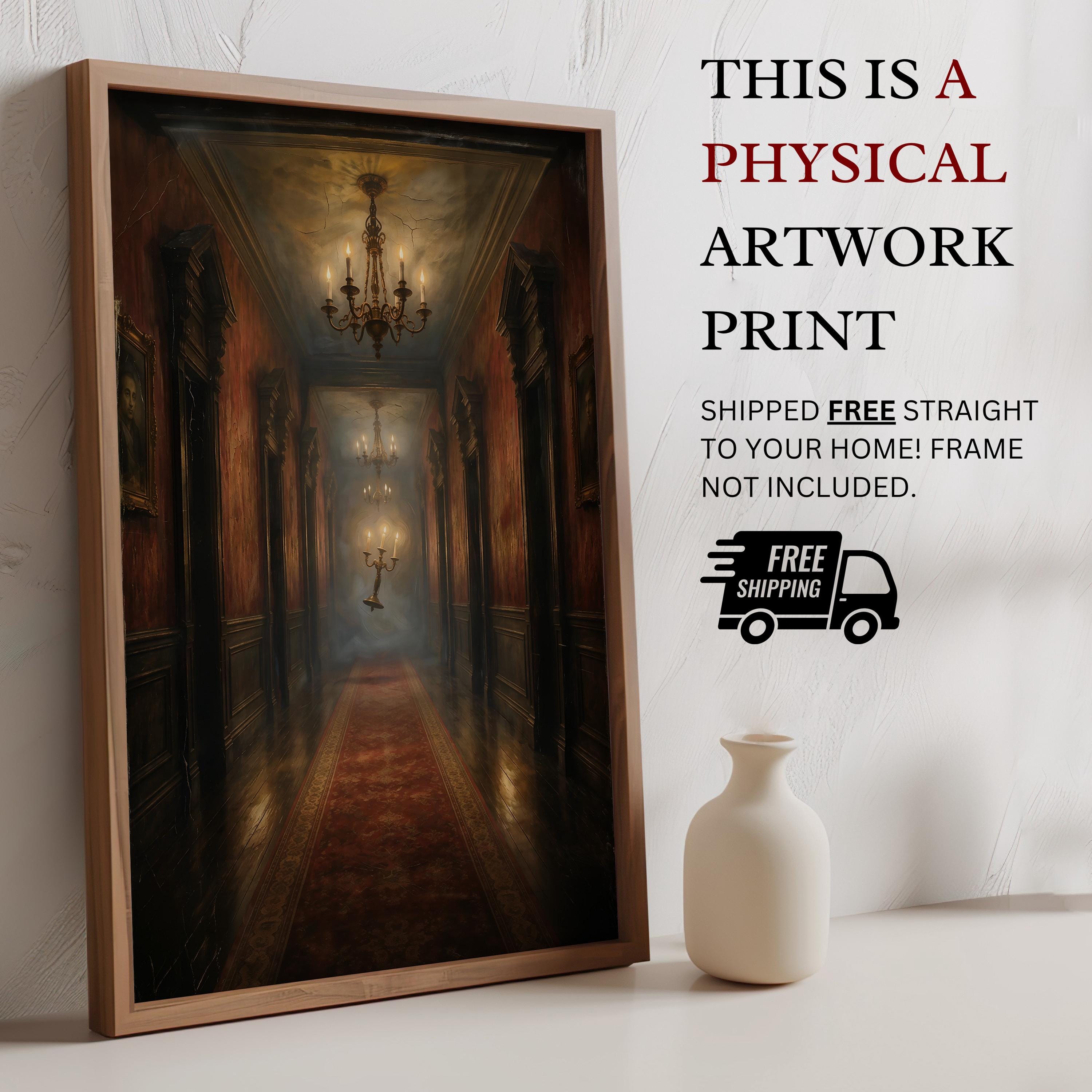 Floating Candelabra Wall Art | Haunted Hallway Print | Spooky Gothic Halloween Decor | Dark Academia Painting