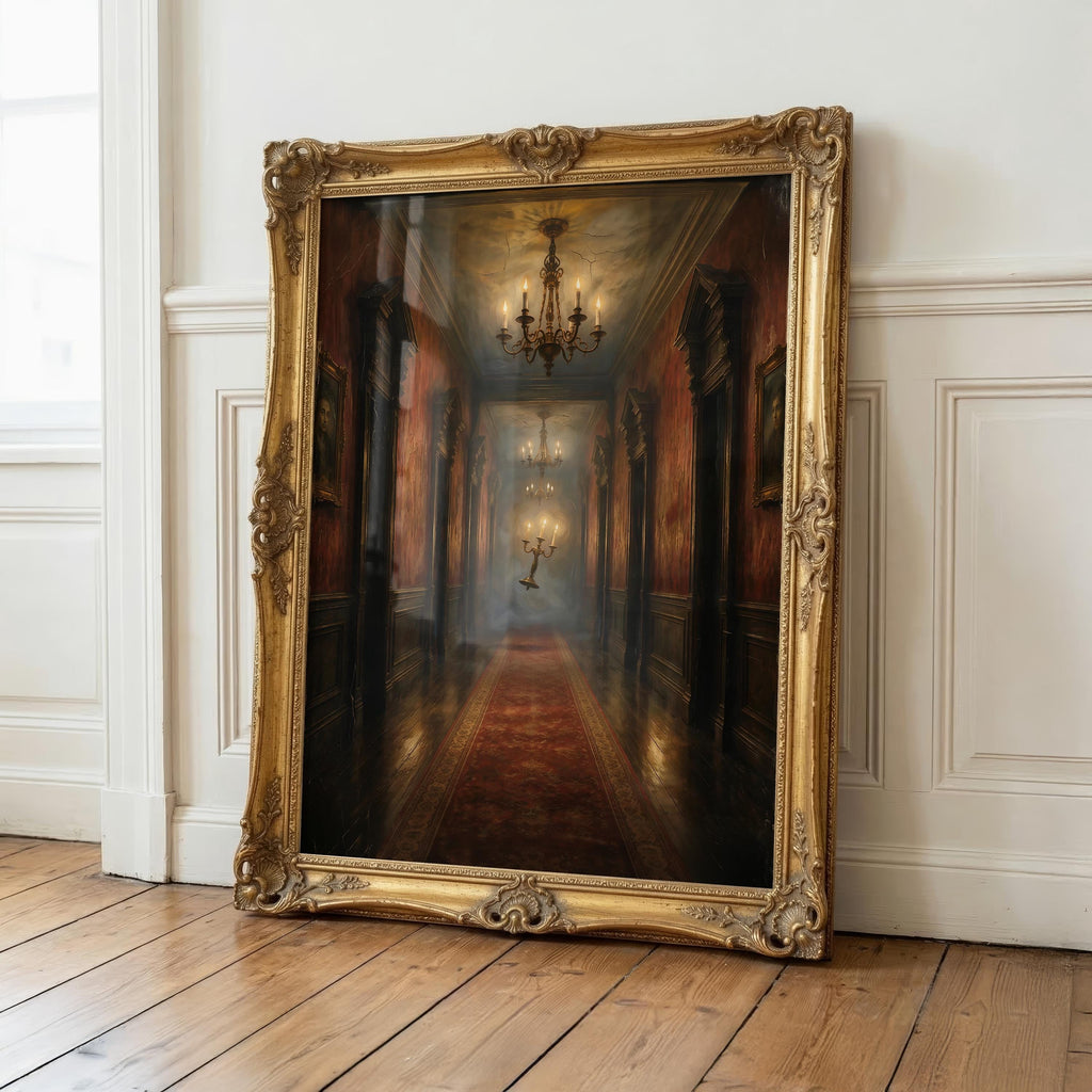 Floating Candelabra Wall Art | Haunted Hallway Print | Spooky Gothic Halloween Decor | Dark Academia Painting