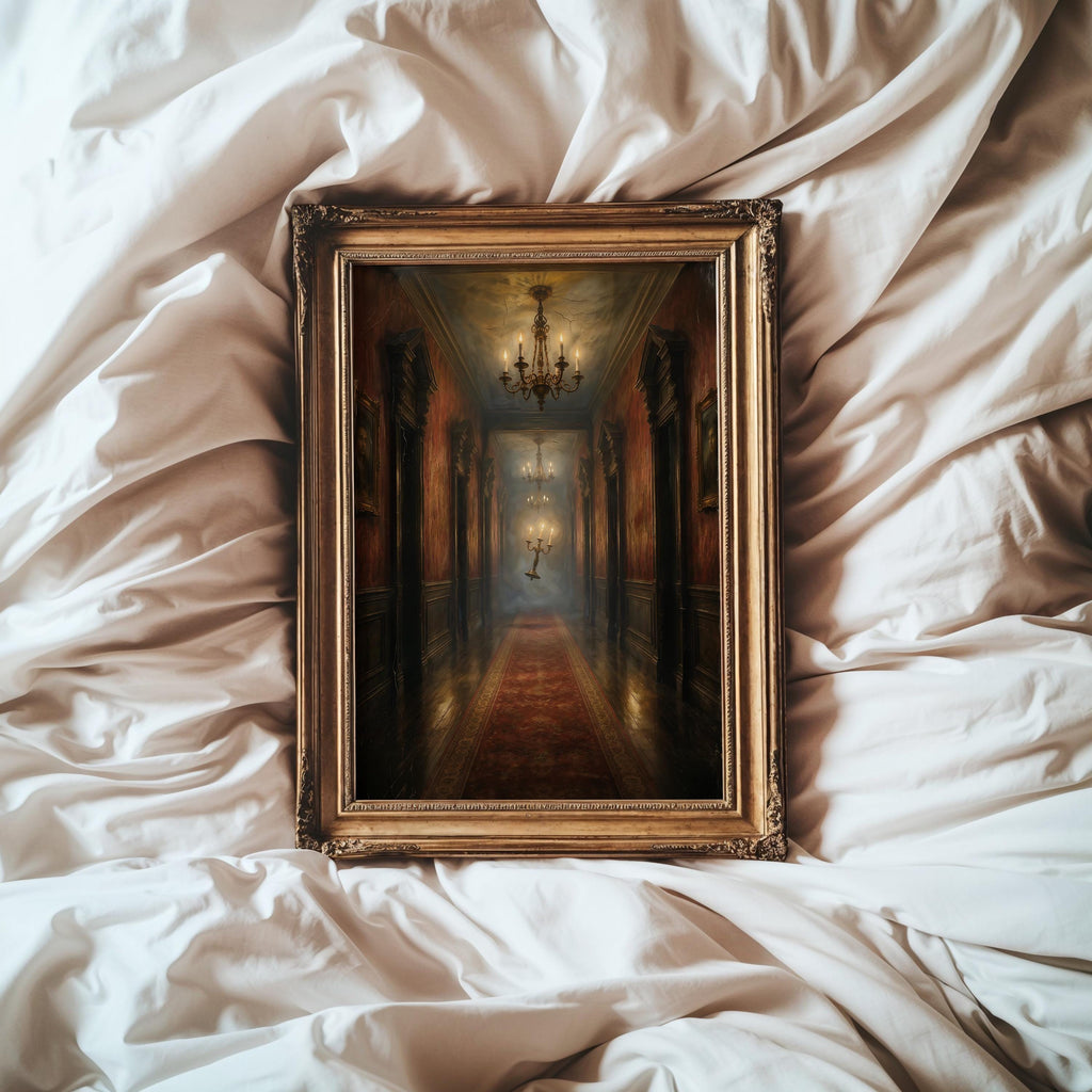Floating Candelabra Wall Art | Haunted Hallway Print | Spooky Gothic Halloween Decor | Dark Academia Painting