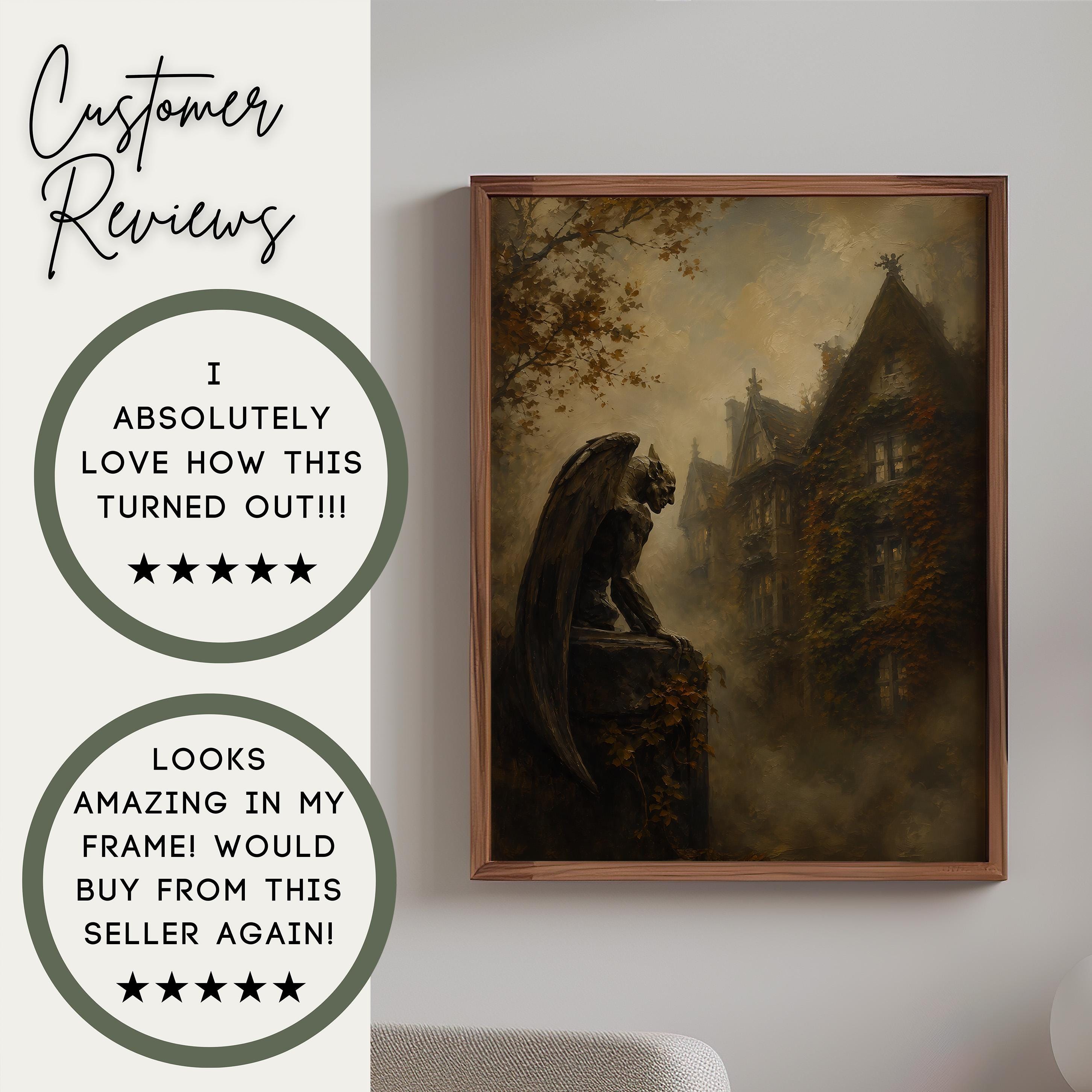 Stone Gargoyle Wall Art | Gothic Manor Painting | Dark Autumn Academia Decor | Haunted House Artwork for Halloween