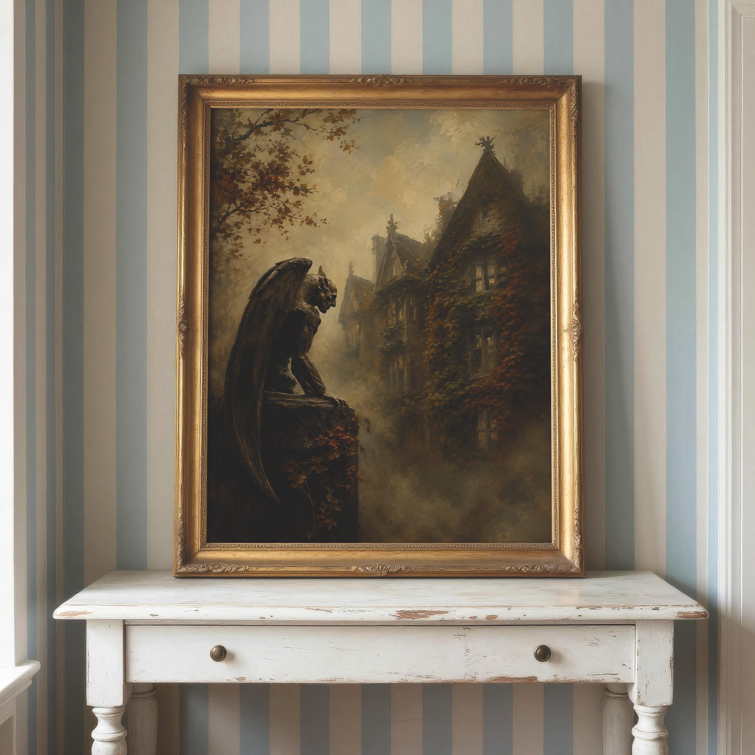 Stone Gargoyle Wall Art | Gothic Manor Painting | Dark Autumn Academia Decor | Haunted House Artwork for Halloween