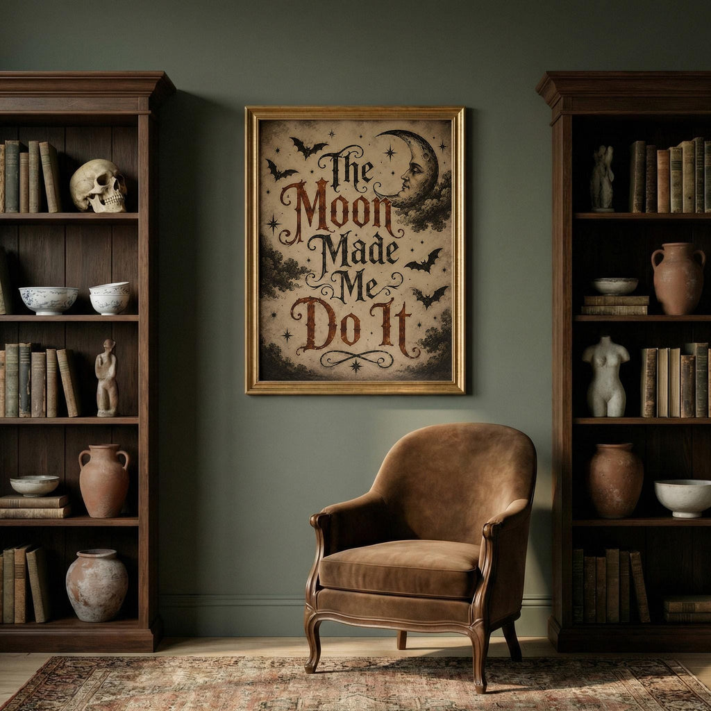 The Moon Made Me Do It Wall Art | Witchy Typography Print | Gothic Halloween Decor | Dark Academia Halloween Artwork