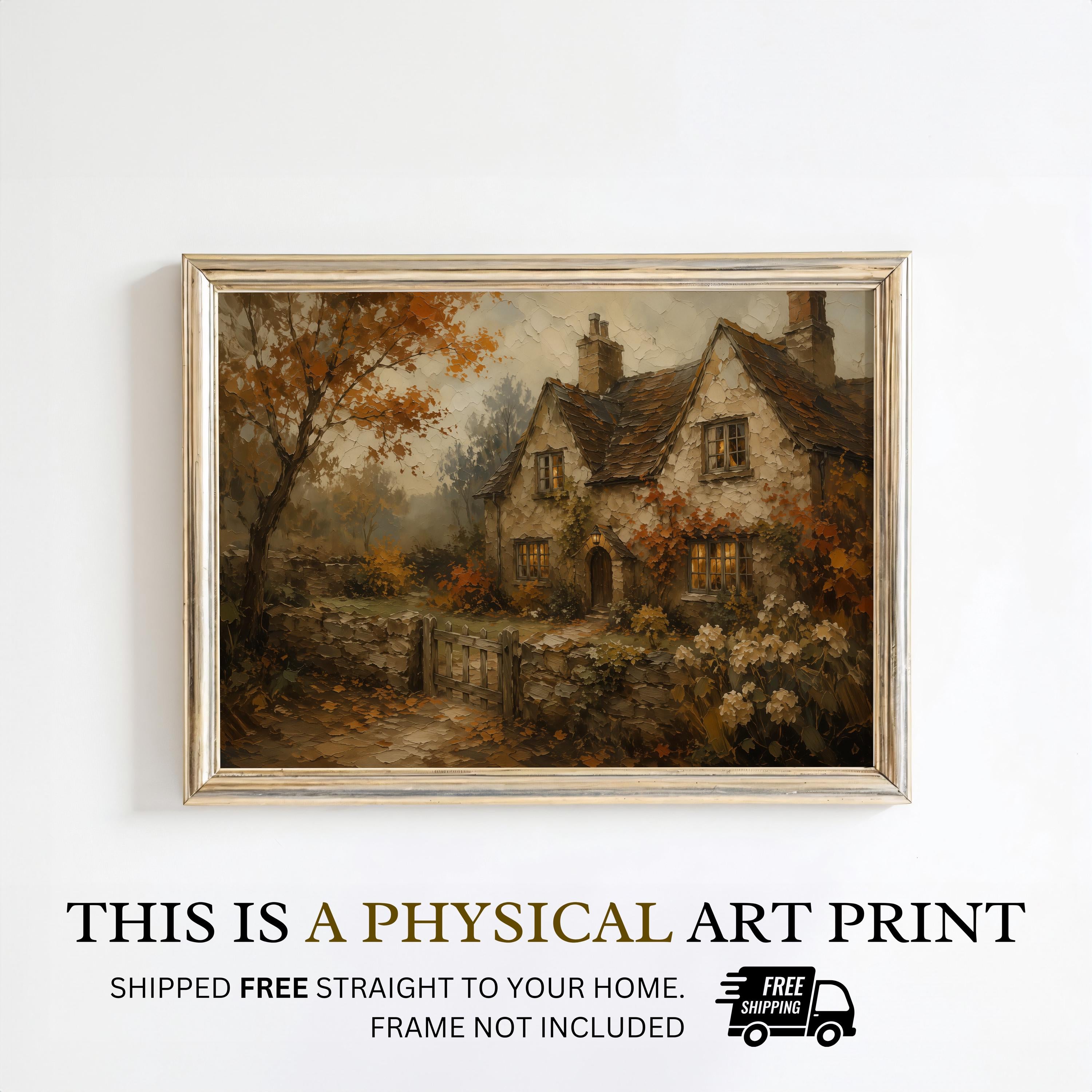 English Cottage Wall Art | Autumn Cottage Painting | Cottagecore Landscape Print | Rustic Farmhouse Decor | Fall Village Artwork