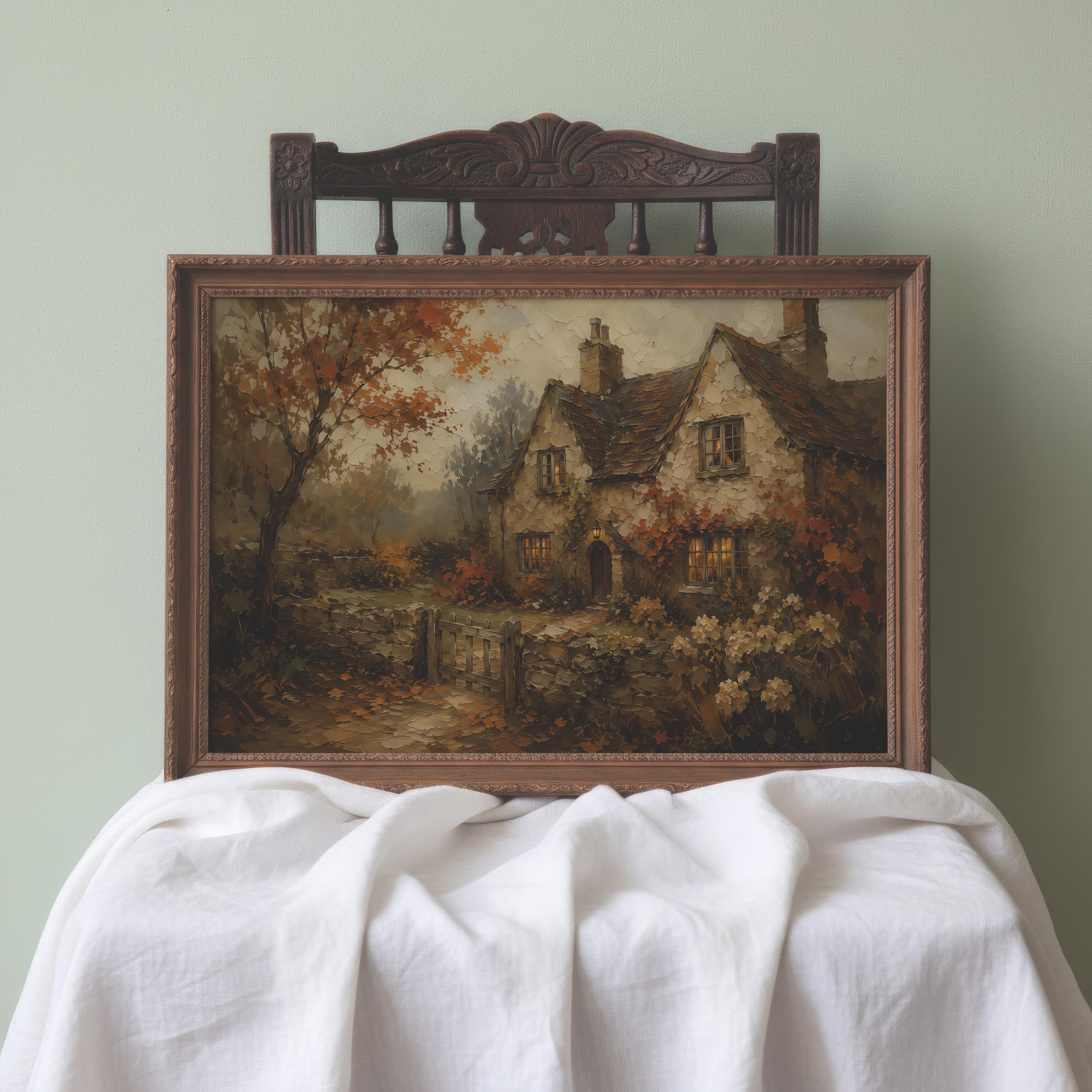 English Cottage Wall Art | Autumn Cottage Painting | Cottagecore Landscape Print | Rustic Farmhouse Decor | Fall Village Artwork