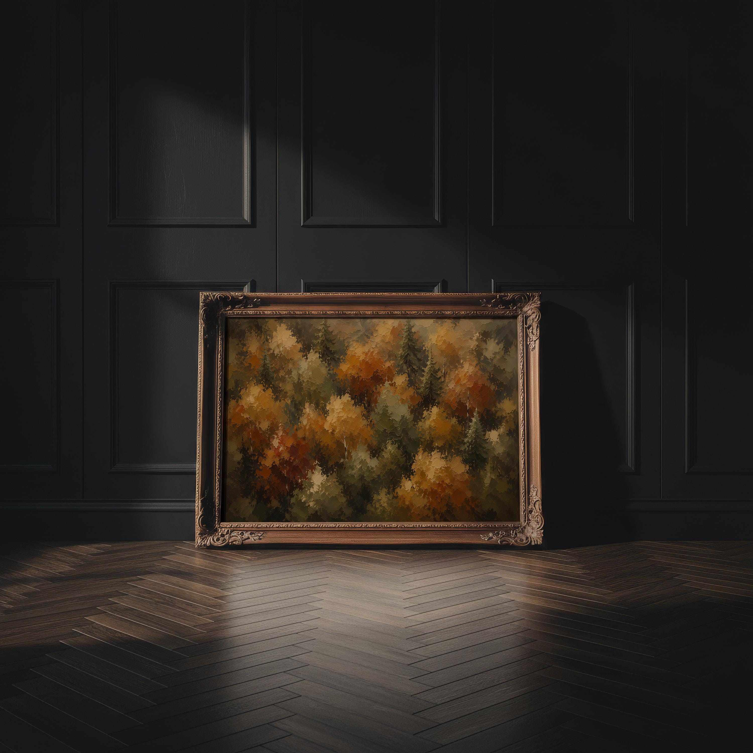 Autumn Forest Wall Art | Fall Foliage Painting | Aerial Woodland Landscape | Rustic Farmhouse Decor | Moody Nature Artwork