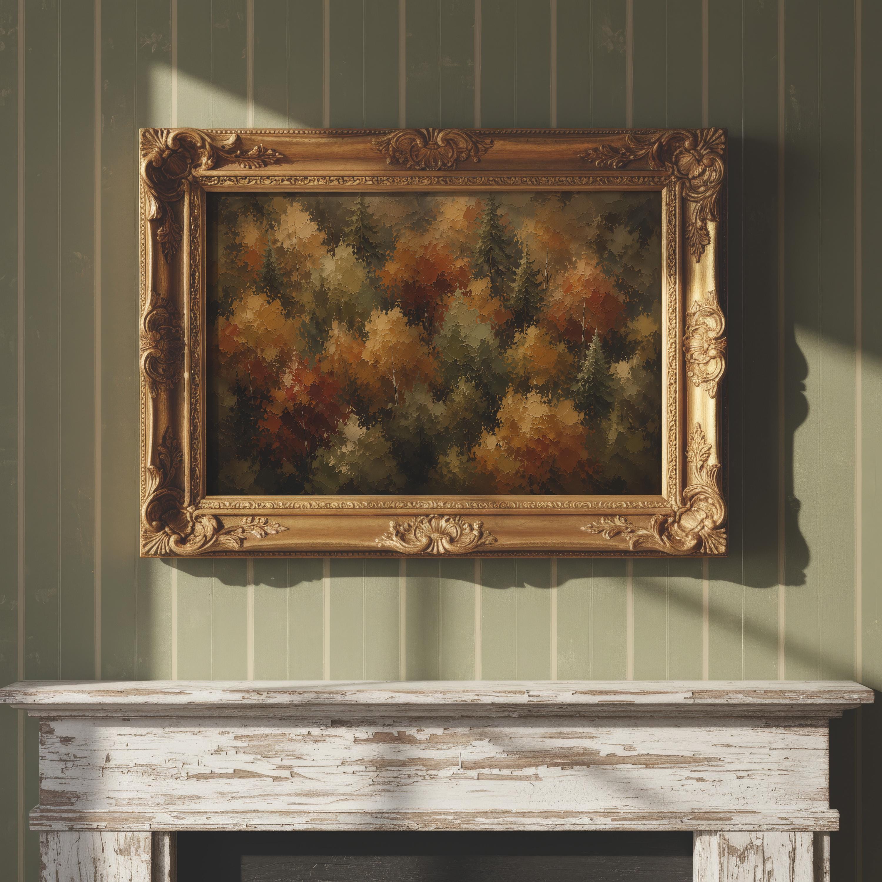 Autumn Forest Wall Art | Fall Foliage Painting | Aerial Woodland Landscape | Rustic Farmhouse Decor | Moody Nature Artwork