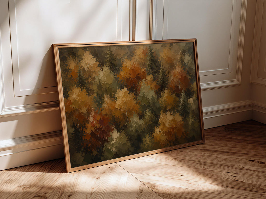 Autumn Forest Wall Art | Fall Foliage Painting | Aerial Woodland Landscape | Rustic Farmhouse Decor | Moody Nature Artwork