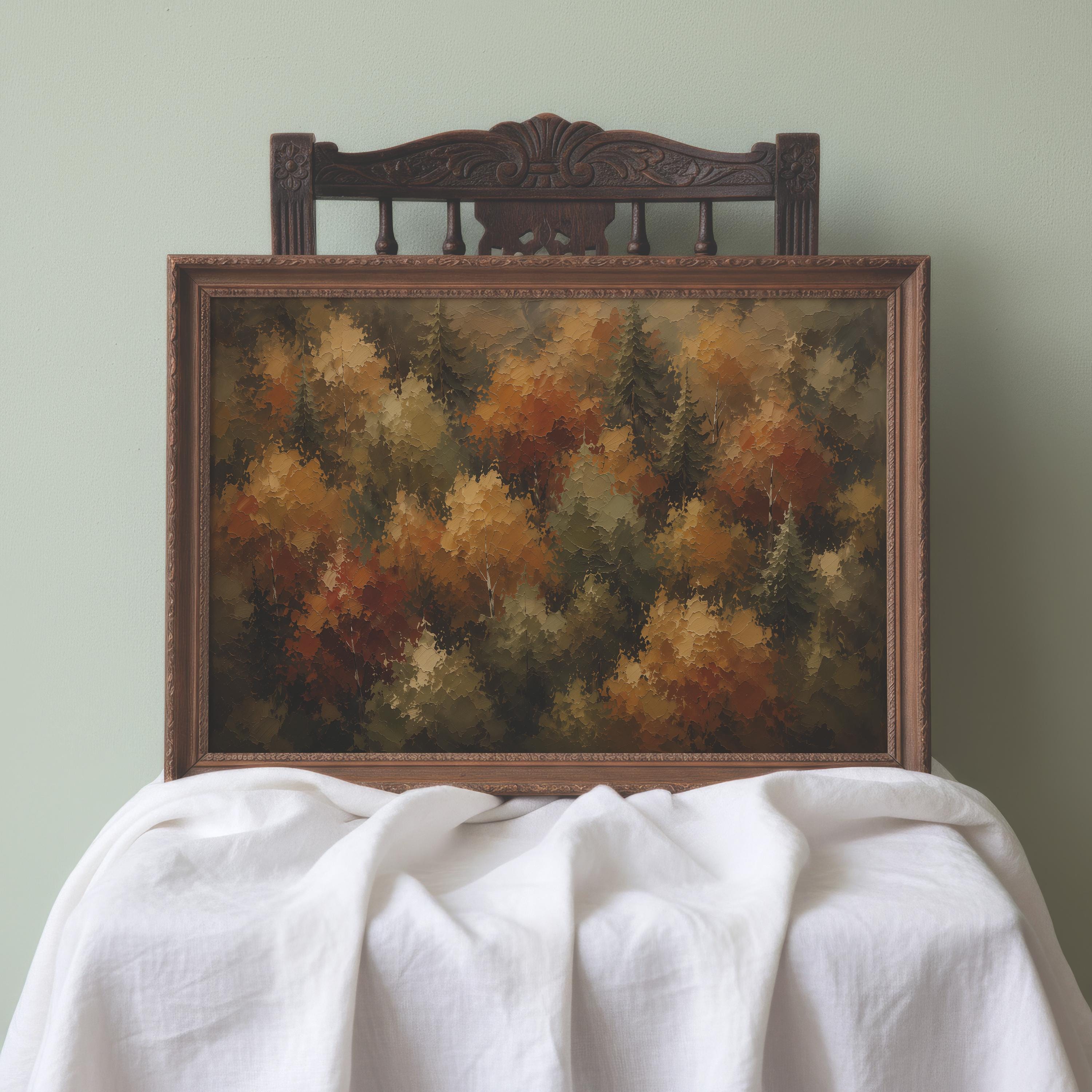 Autumn Forest Wall Art | Fall Foliage Painting | Aerial Woodland Landscape | Rustic Farmhouse Decor | Moody Nature Artwork