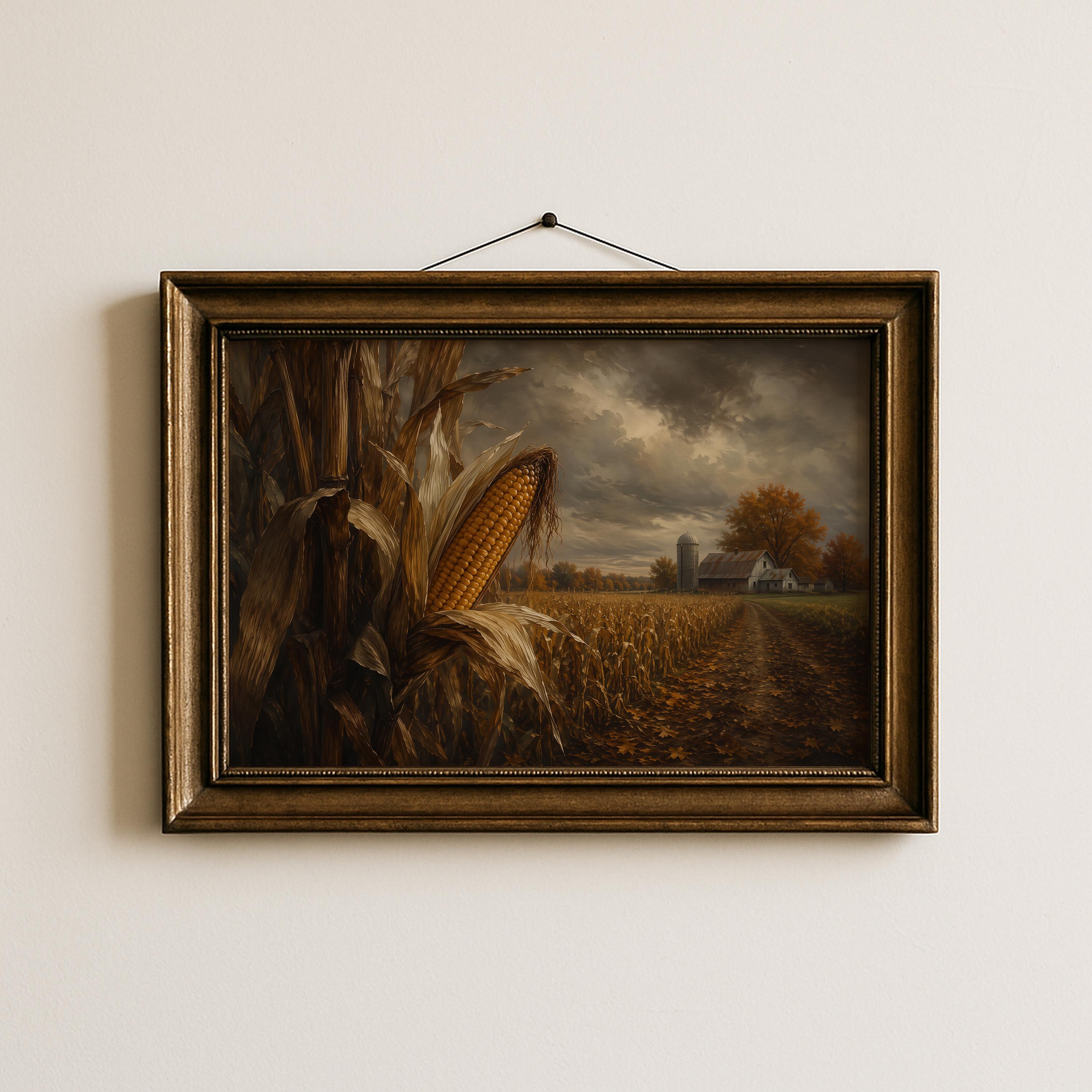 Corn Field Wall Art | Autumn Harvest Painting | Rustic Farmhouse Decor | Vintage Fall Landscape | Country Farm Artwork