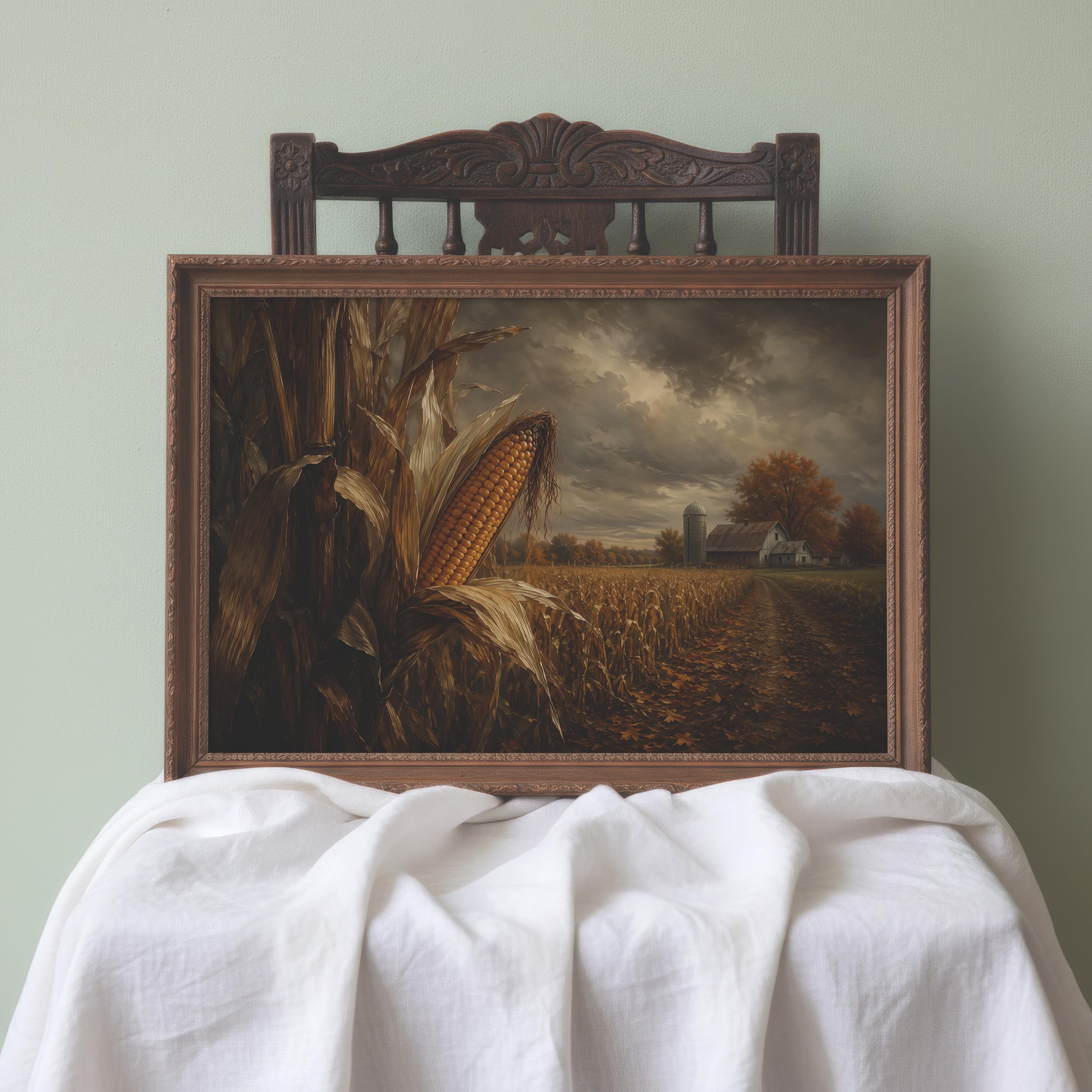 Corn Field Wall Art | Autumn Harvest Painting | Rustic Farmhouse Decor | Vintage Fall Landscape | Country Farm Artwork