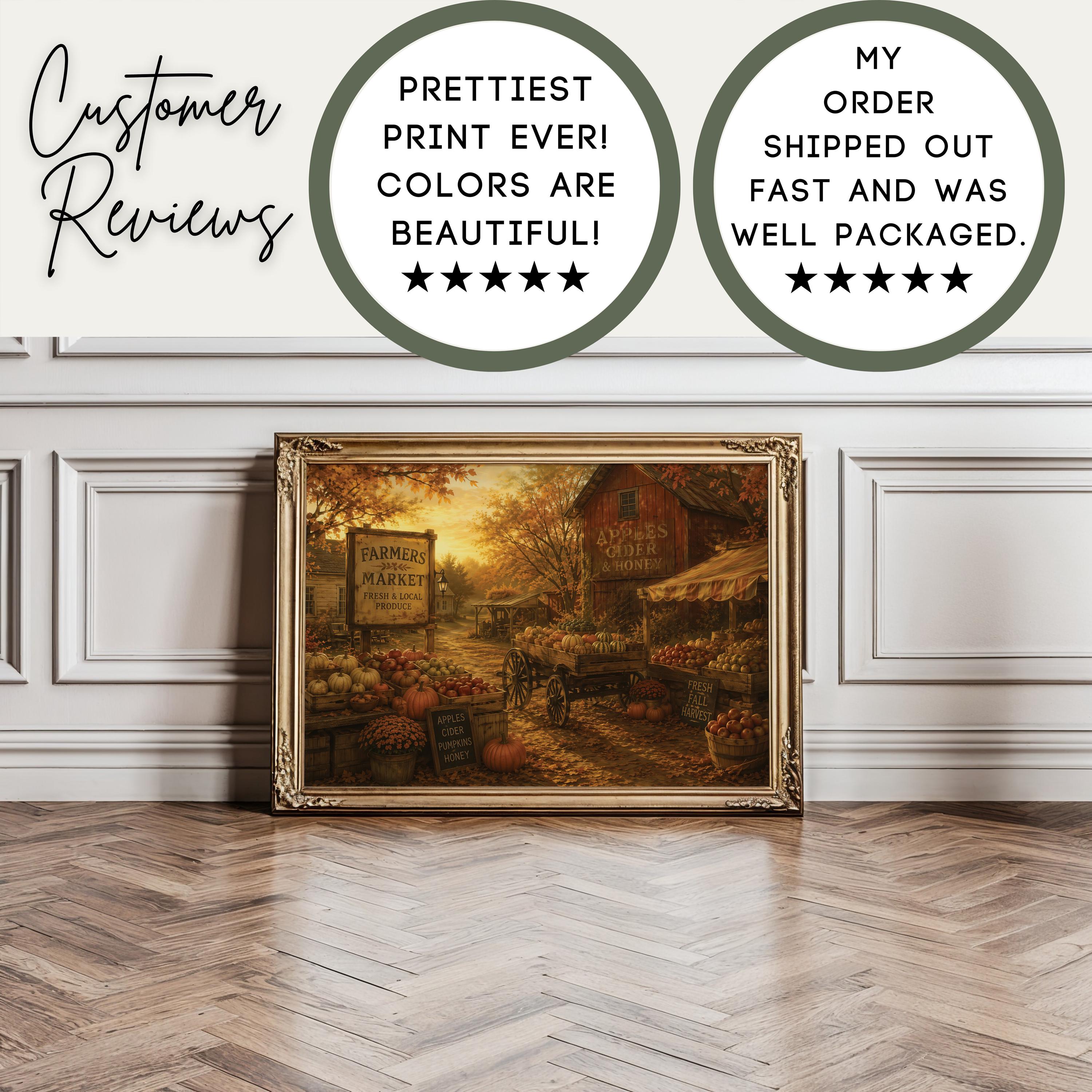 Vintage Farmers Market Wall Art | Autumn Market Painting | Rustic Farmhouse Decor | Harvest Season Artwork | Fall Village Print