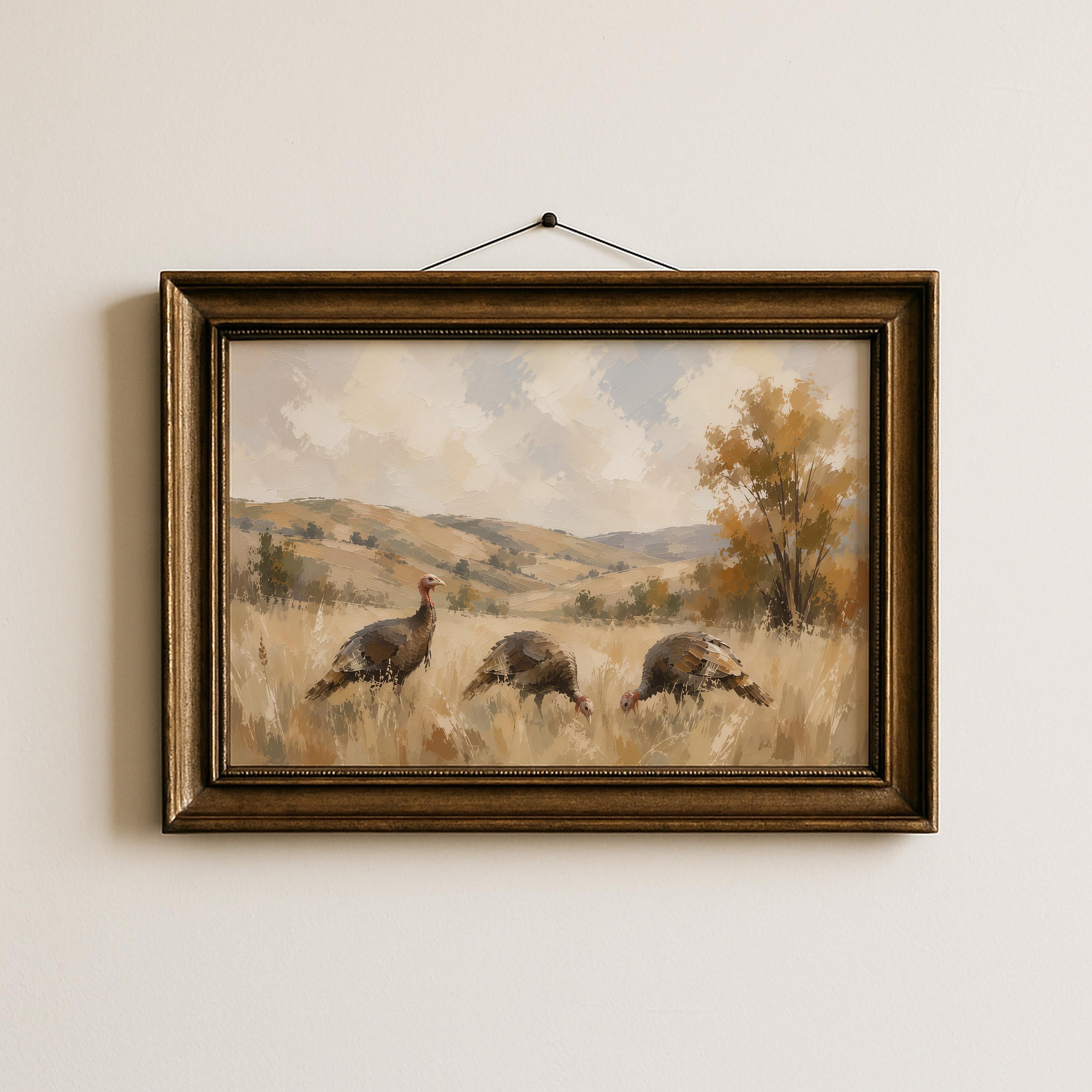 Wild Turkey Wall Art | Autumn Wildlife Painting | Rustic Cabin Decor | Vintage Woodland Artwork | Fall Turkeys Nature Print