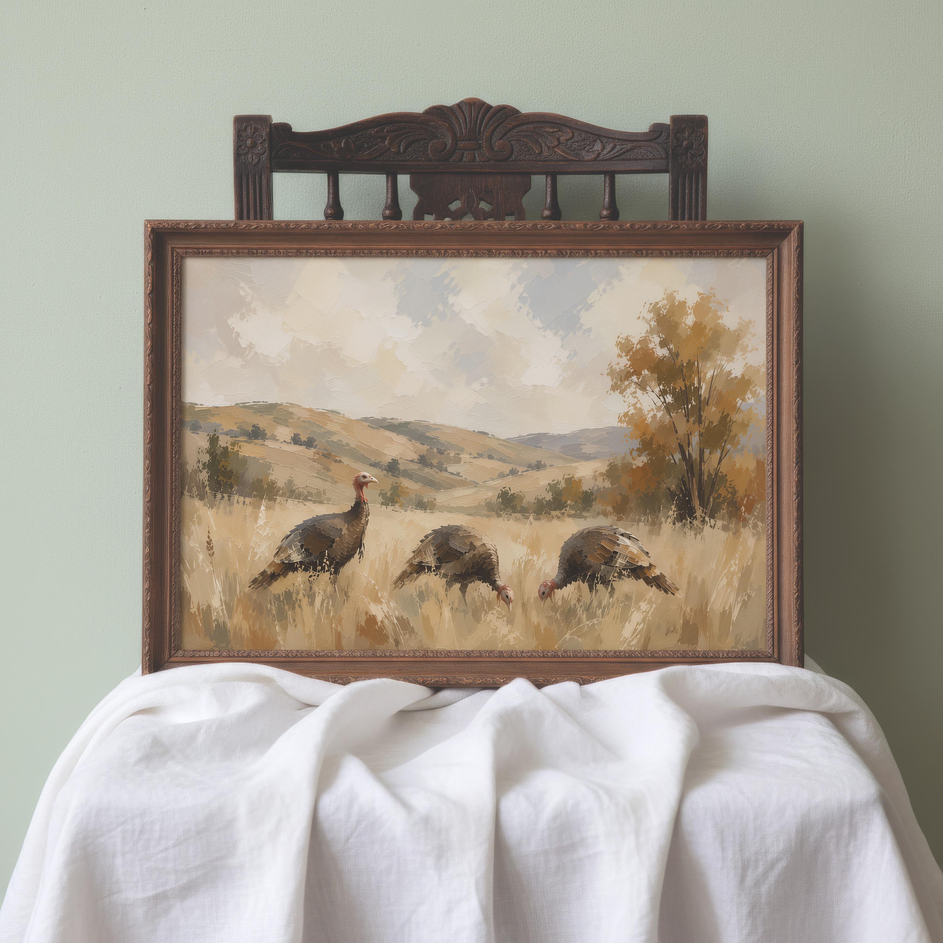 Wild Turkey Wall Art | Autumn Wildlife Painting | Rustic Cabin Decor | Vintage Woodland Artwork | Fall Turkeys Nature Print