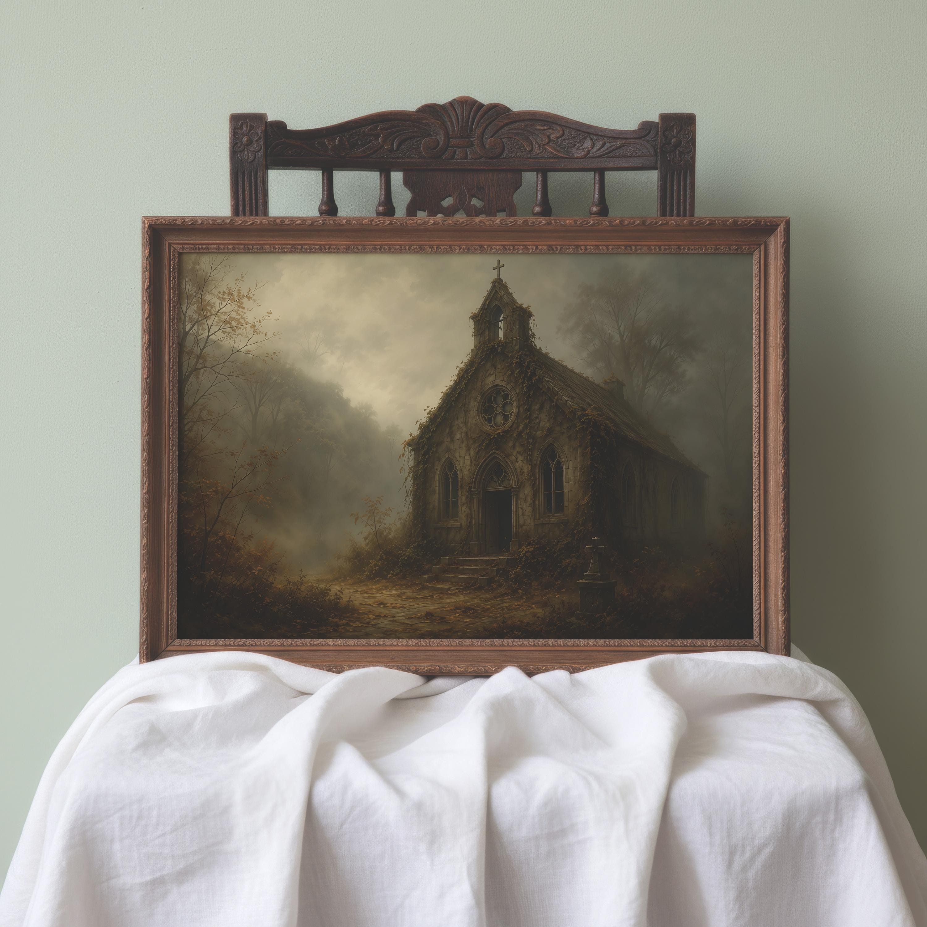 Abandoned Church Wall Art | Moody Gothic Chapel Painting | Dark Academia Decor | Haunted Ruins Landscape | Vintage Architecture