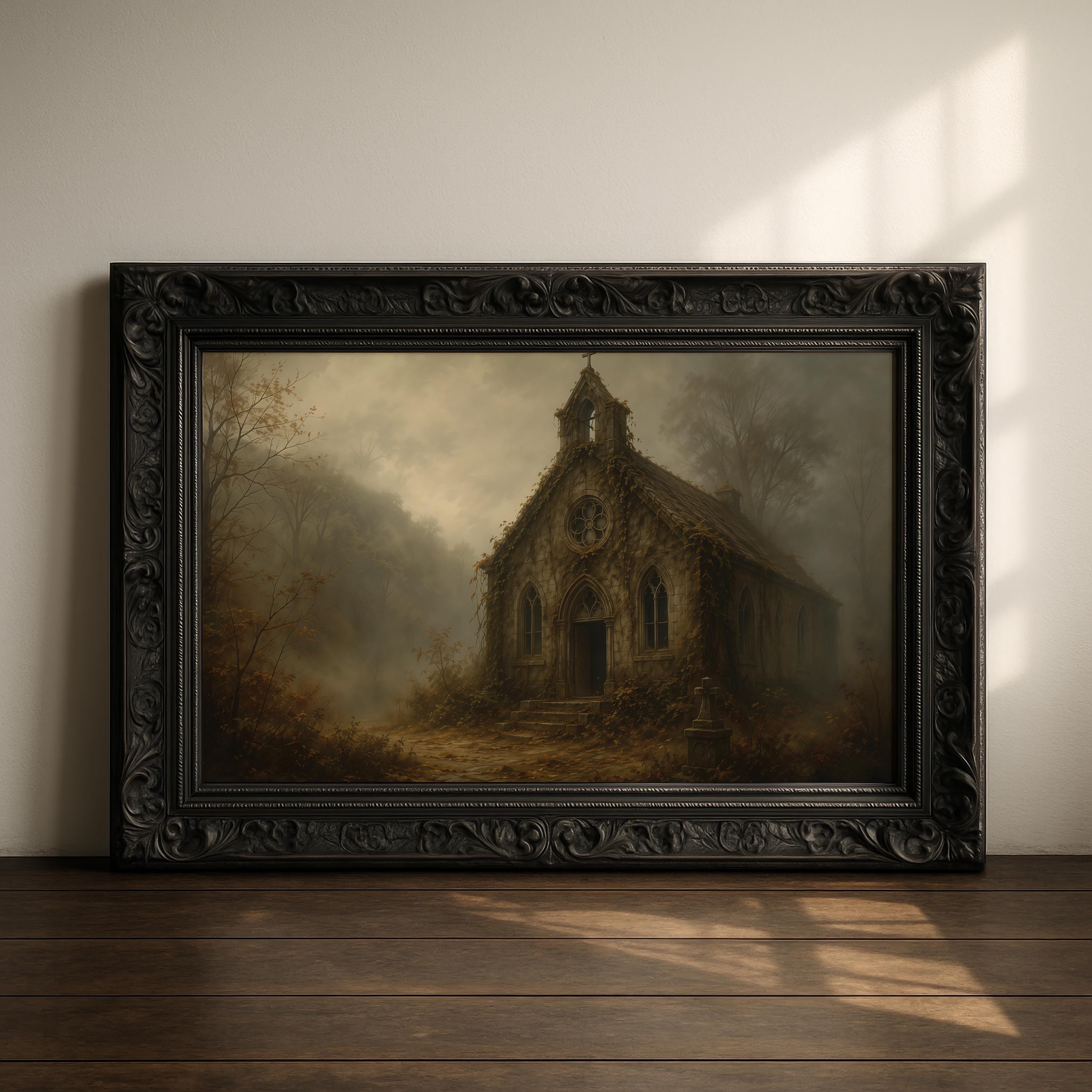 Abandoned Church Wall Art | Moody Gothic Chapel Painting | Dark Academia Decor | Haunted Ruins Landscape | Vintage Architecture