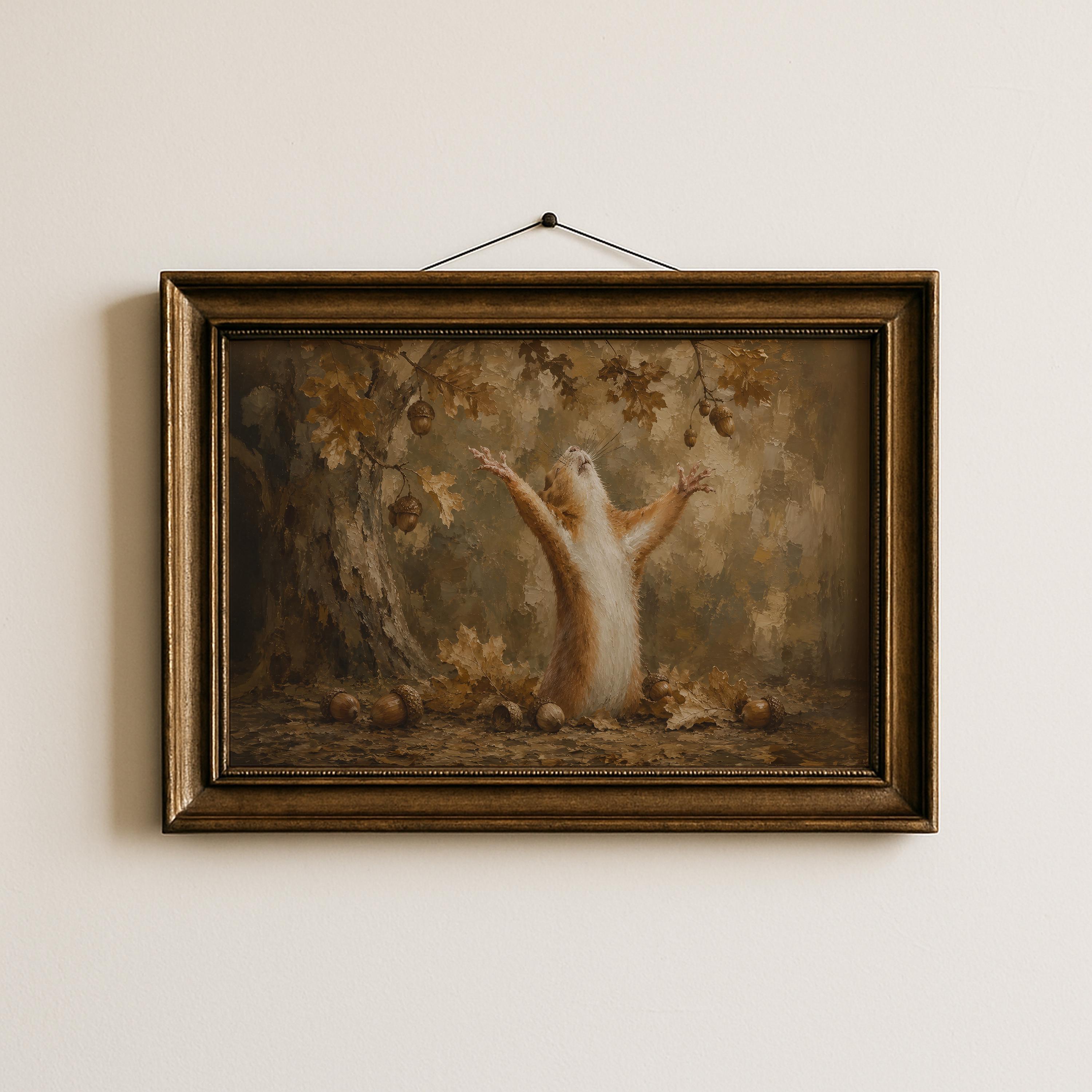 Grateful Chipmunk Wall Art | Funny Autumn Woodland Painting | Whimsical Fall Decor | Cottagecore Animal Artwork | Acorn Print