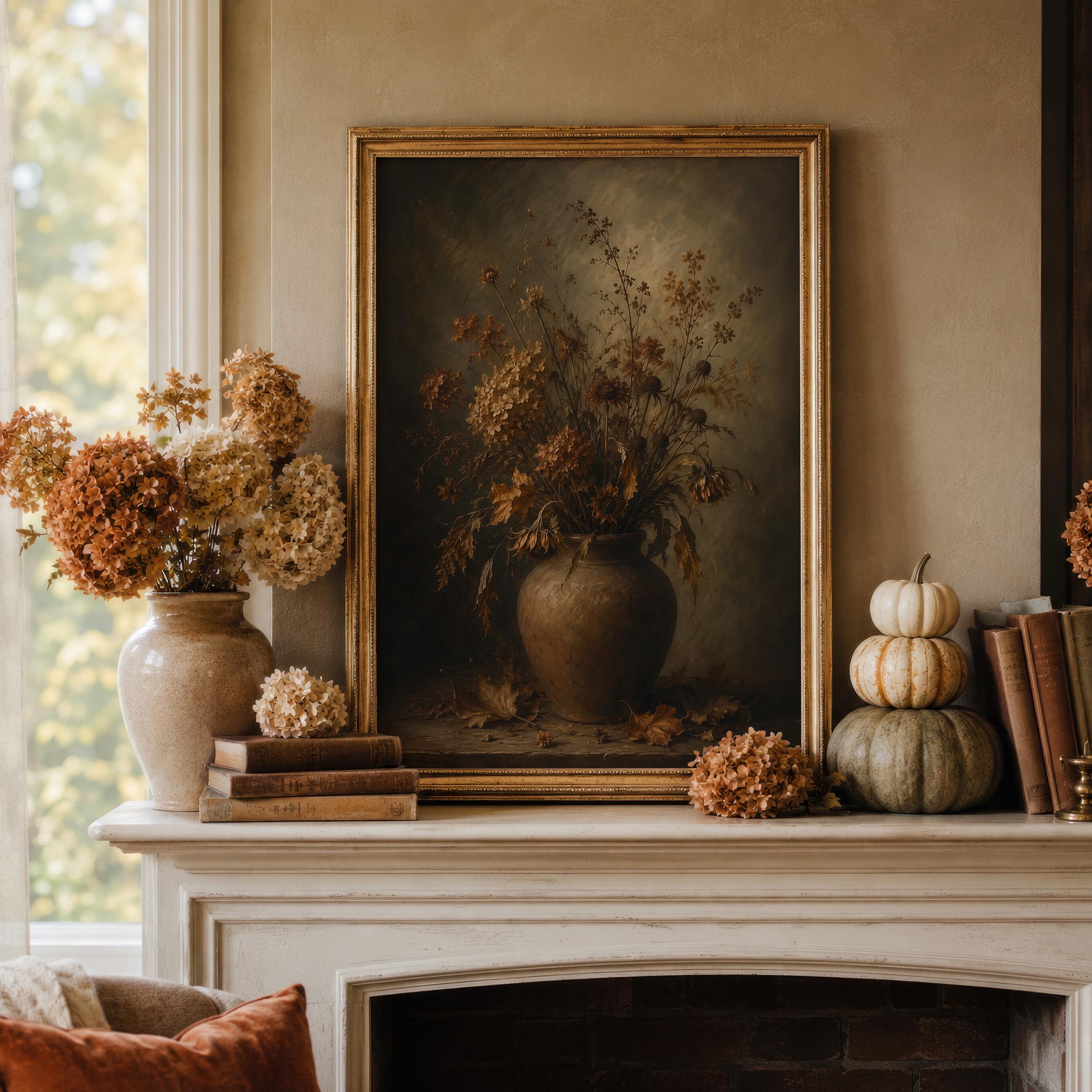 Moody Botanical Wall Art | Vintage Floral Vase Print | Dark Academia Decor | Autumn Flower Painting | Cottagecore Artwork
