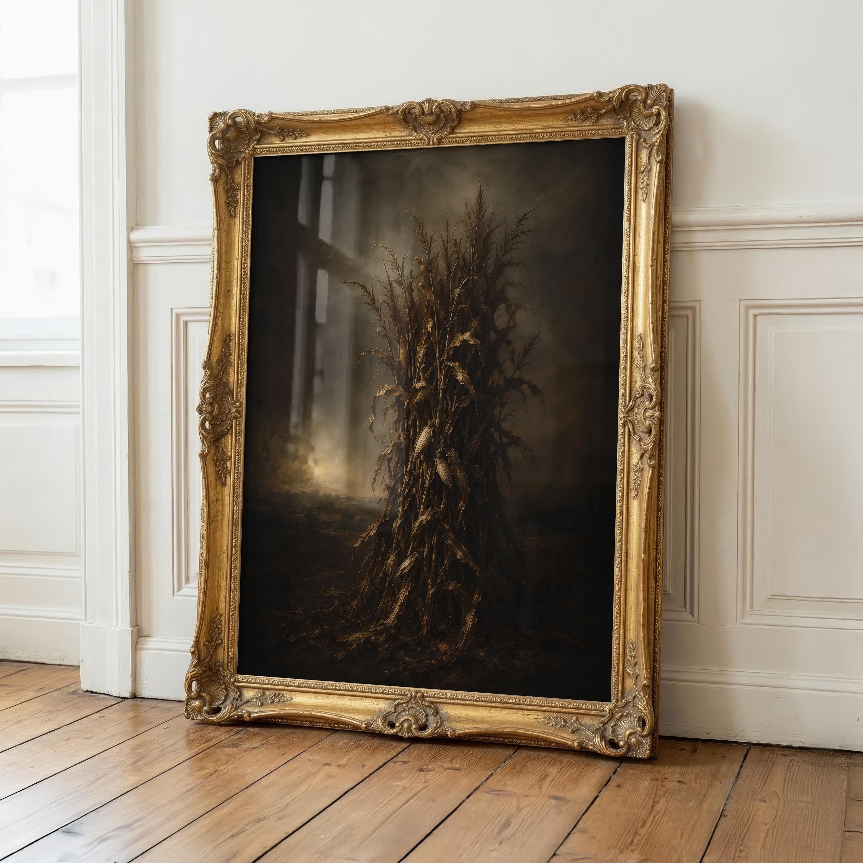 Autumn Cornstalk Wall Art | Moody Fall Harvest Print | Rustic Farmhouse Decor | Dark Cottagecore Artwork | Vintage Autumn Painting