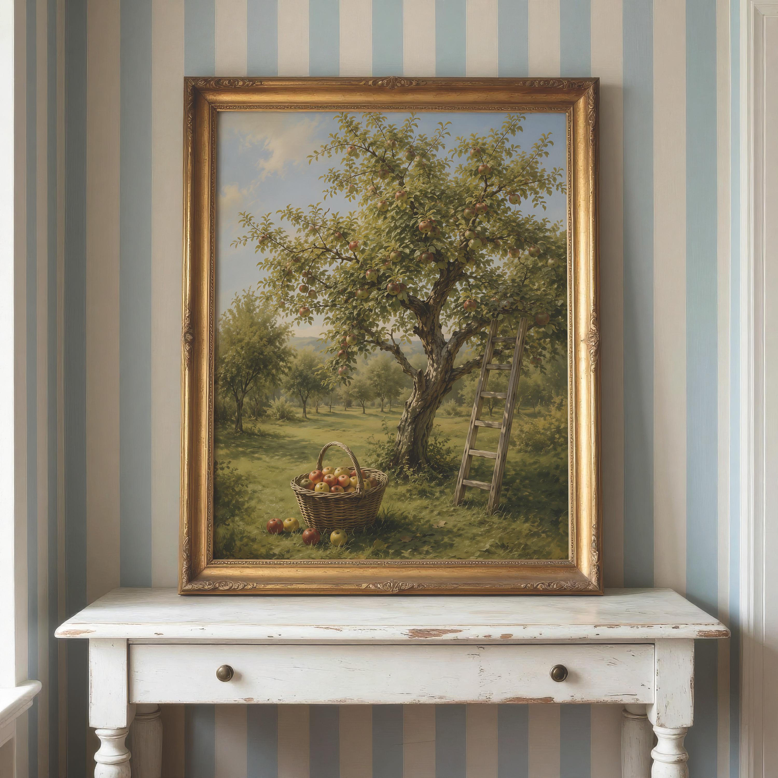Apple Tree Wall Art | Vintage Orchard Painting | Rustic Farmhouse Decor | Cottagecore Landscape Print | Autumn Country Artwork