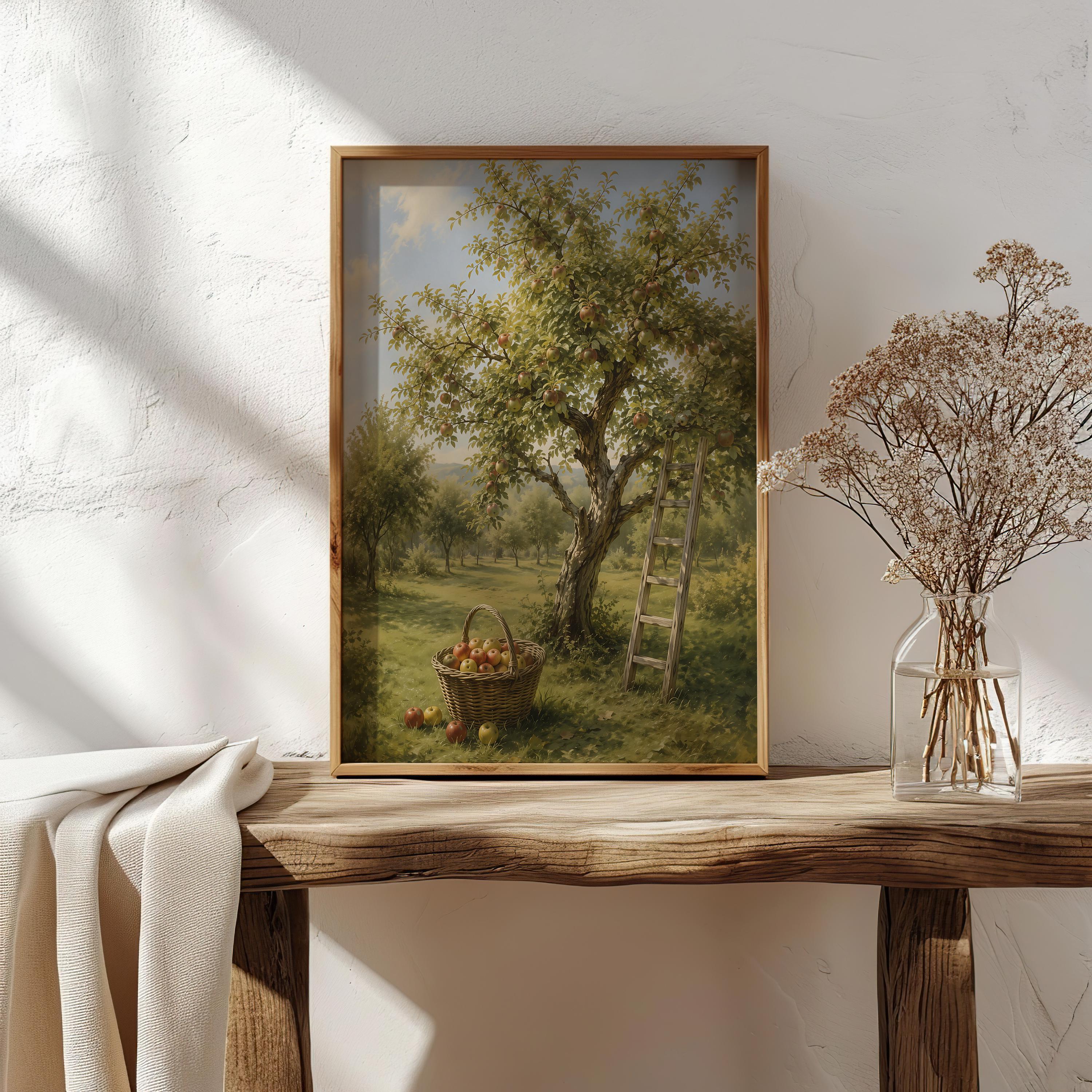Apple Tree Wall Art | Vintage Orchard Painting | Rustic Farmhouse Decor | Cottagecore Landscape Print | Autumn Country Artwork