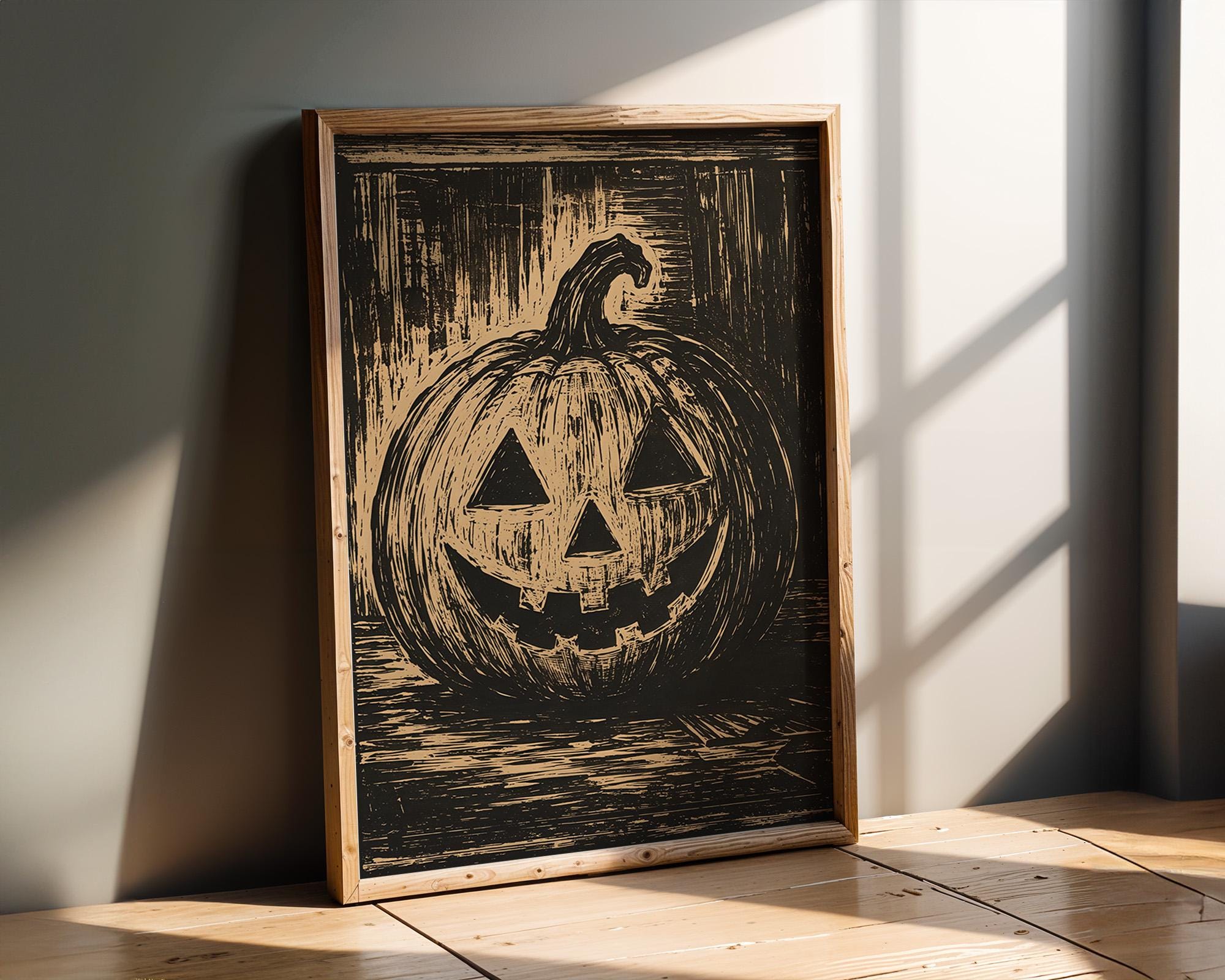 Pumpkin Linocut Wall Art | Vintage Halloween Print | Black and Beige Autumn Decor | Rustic Fall Artwork | Cottagecore Pumpkin