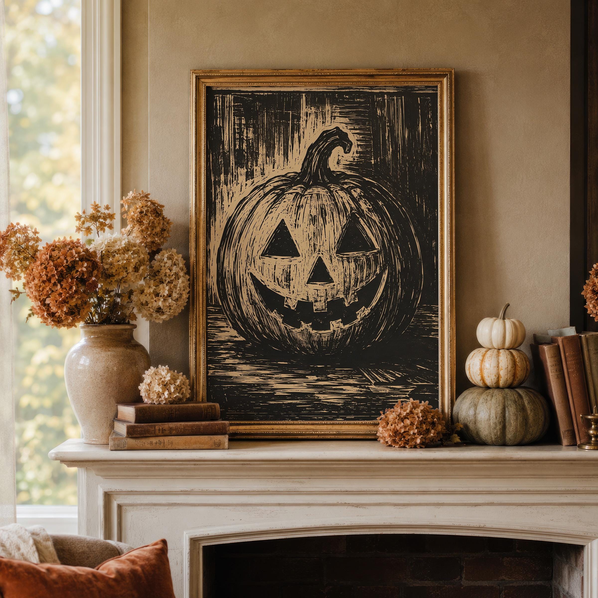 Pumpkin Linocut Wall Art | Vintage Halloween Print | Black and Beige Autumn Decor | Rustic Fall Artwork | Cottagecore Pumpkin