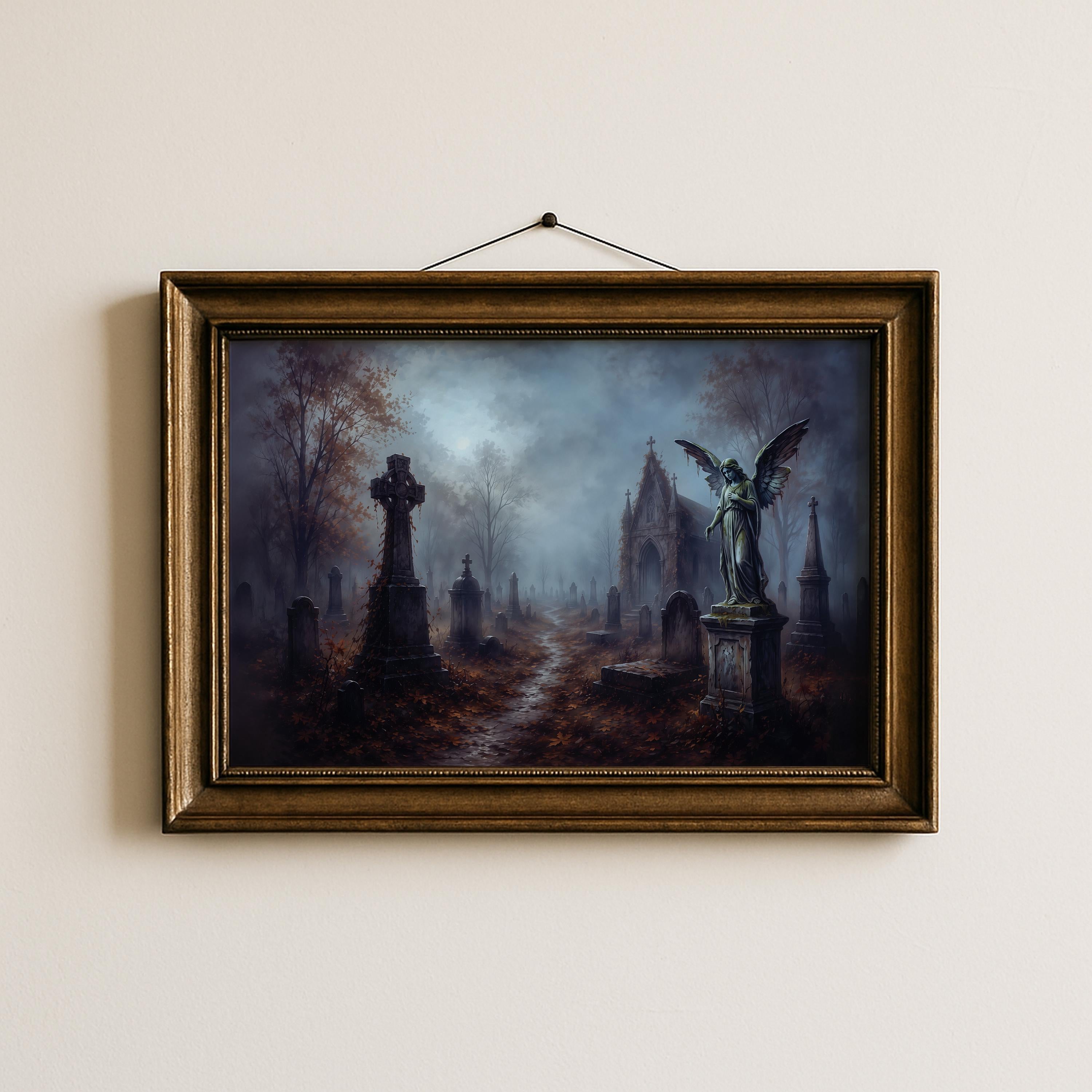 Moody Graveyard Wall Art | Gothic Cemetery Painting | Dark Academia Decor | Haunted Landscape Artwork | Halloween Graveyard Print