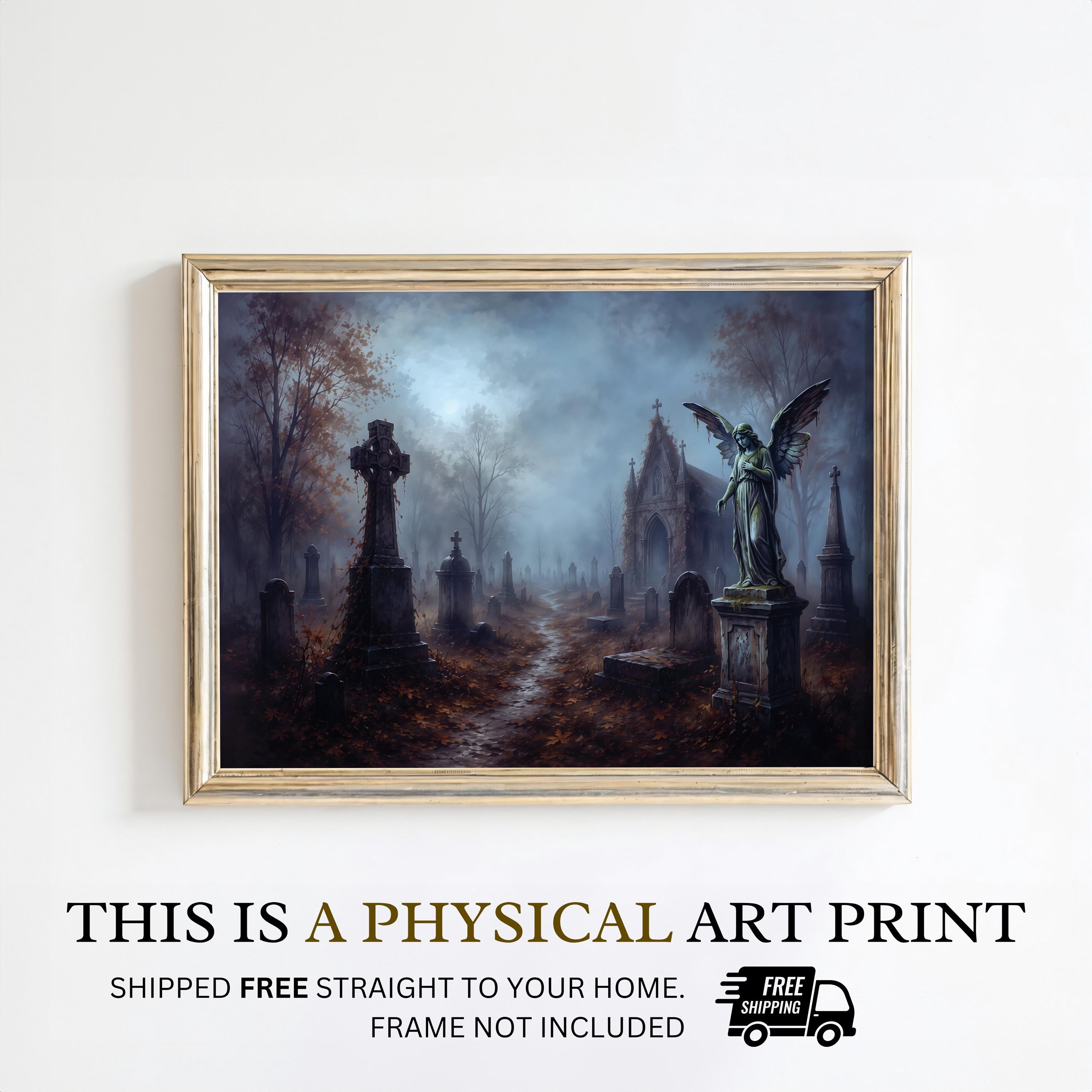 Moody Graveyard Wall Art | Gothic Cemetery Painting | Dark Academia Decor | Haunted Landscape Artwork | Halloween Graveyard Print