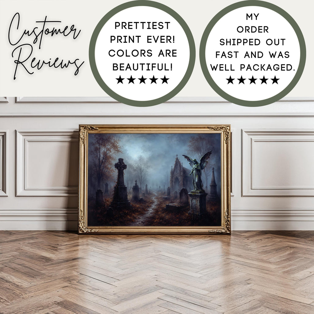 Moody Graveyard Wall Art | Gothic Cemetery Painting | Dark Academia Decor | Haunted Landscape Artwork | Halloween Graveyard Print