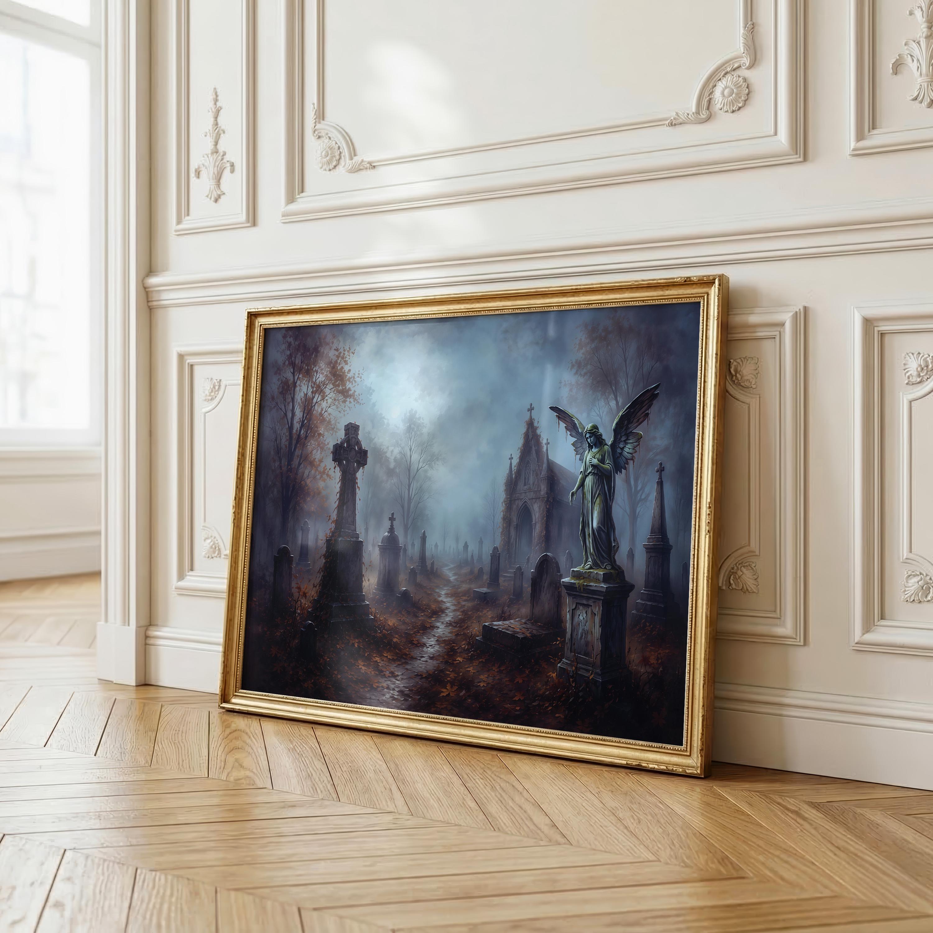 Moody Graveyard Wall Art | Gothic Cemetery Painting | Dark Academia Decor | Haunted Landscape Artwork | Halloween Graveyard Print