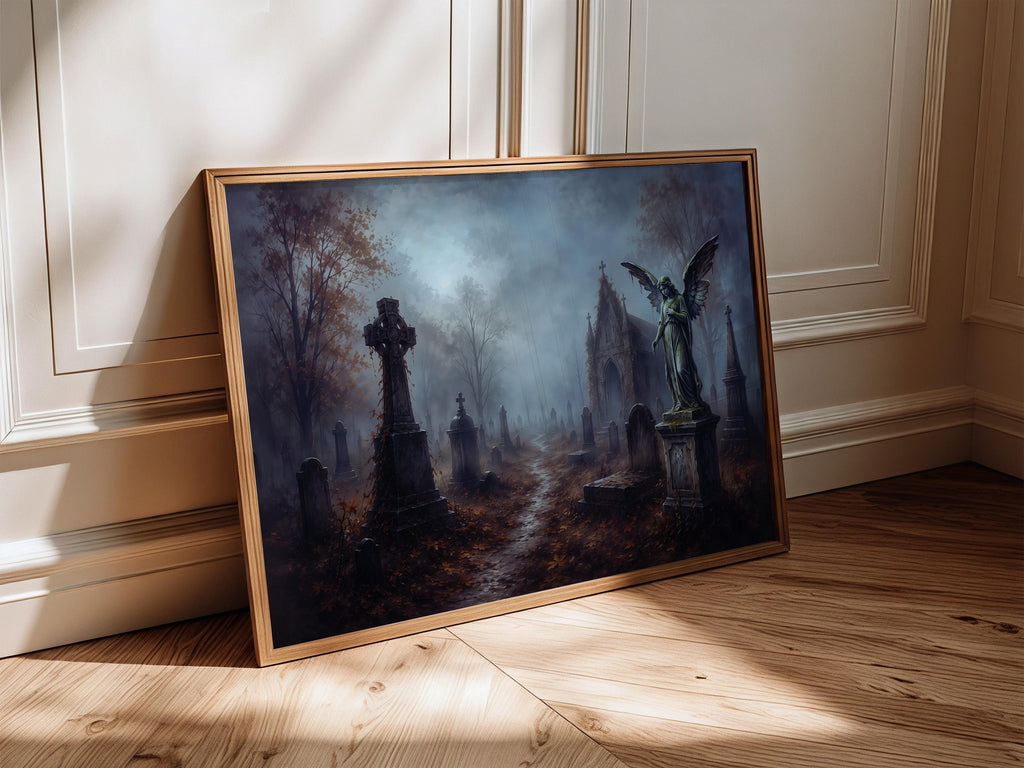 Moody Graveyard Wall Art | Gothic Cemetery Painting | Dark Academia Decor | Haunted Landscape Artwork | Halloween Graveyard Print