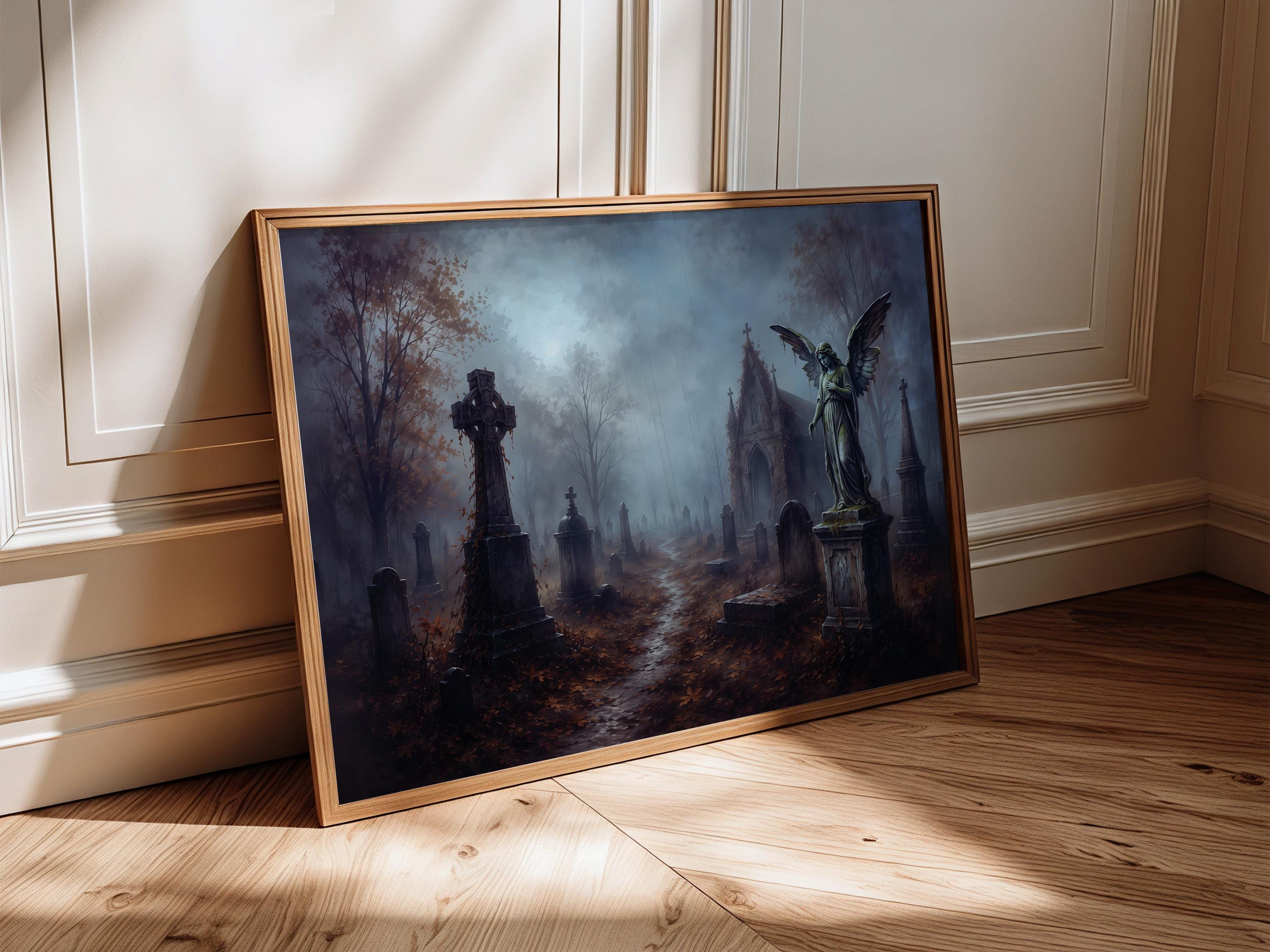 Moody Graveyard Wall Art | Gothic Cemetery Painting | Dark Academia Decor | Haunted Landscape Artwork | Halloween Graveyard Print