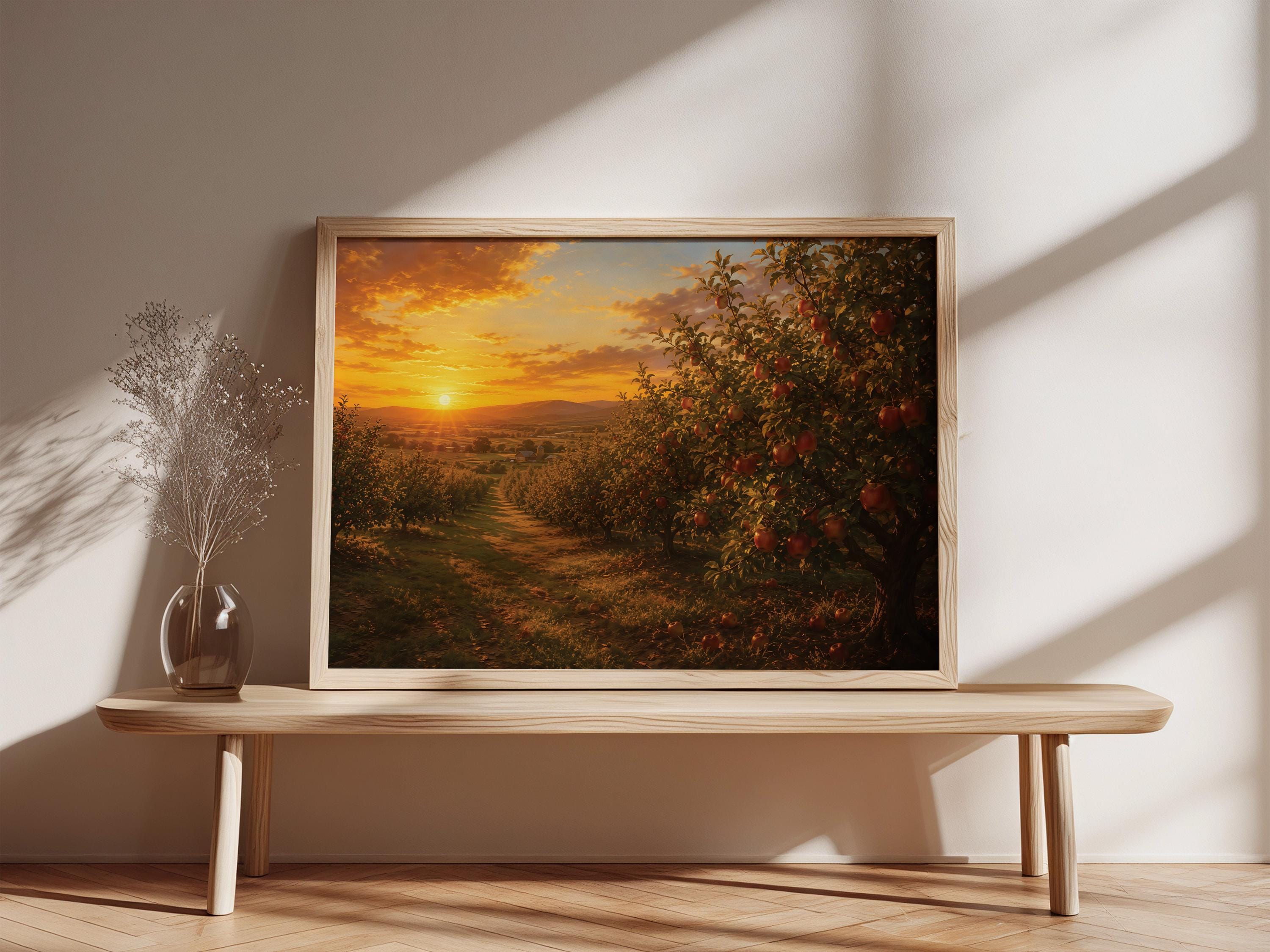 Apple Orchard Wall Art | Golden Hour Autumn Painting | Rustic Farmhouse Decor | Vintage Fall Landscape | Cottagecore Artwork