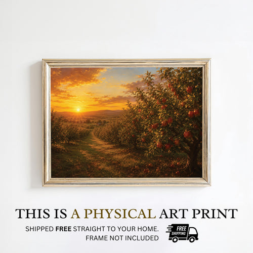 Apple Orchard Wall Art | Golden Hour Autumn Painting | Rustic Farmhouse Decor | Vintage Fall Landscape | Cottagecore Artwork