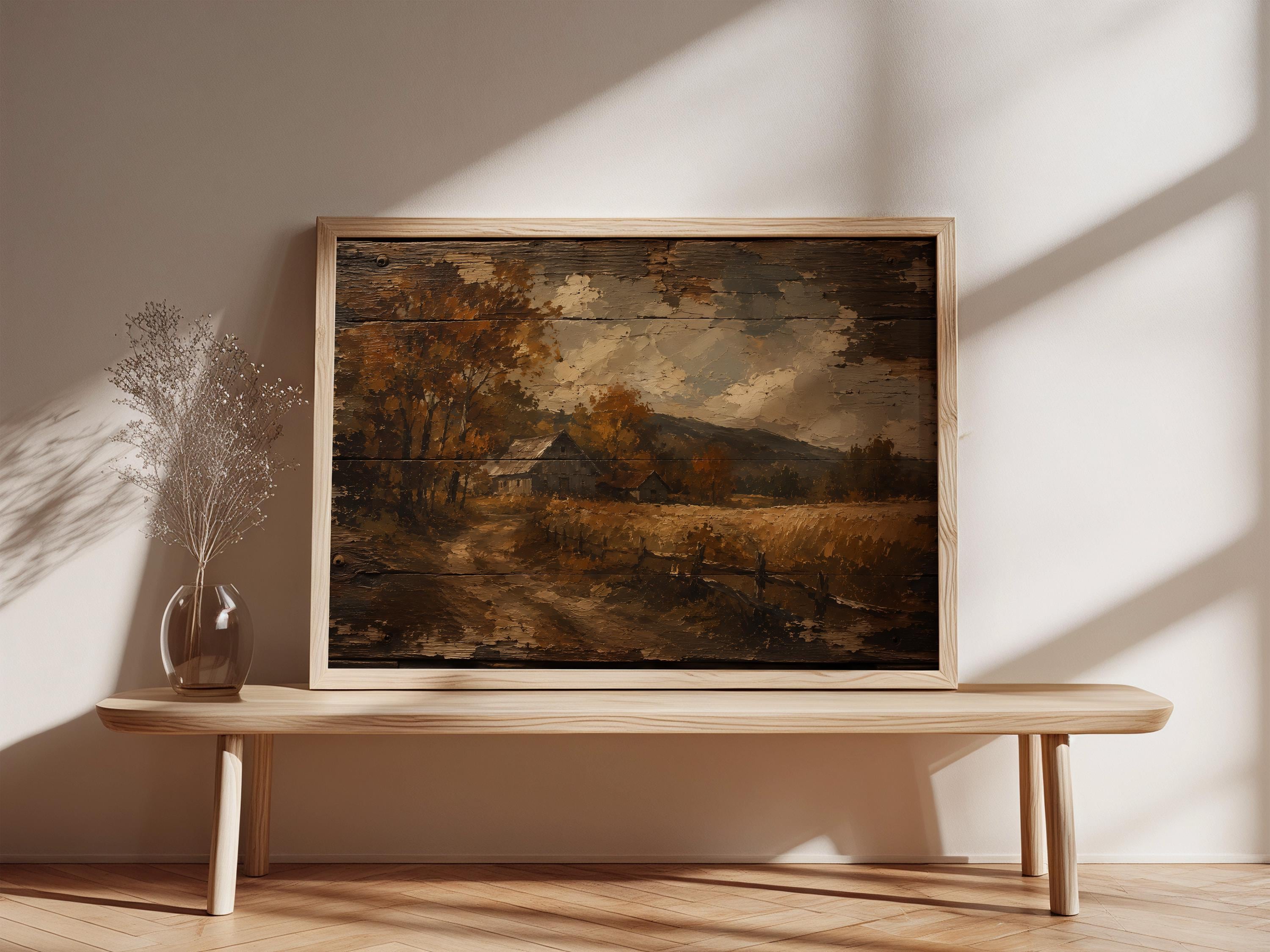 Rustic Barn Wall Art | Autumn Farm Landscape | Vintage Farmhouse Decor | Fall Country Painting | Rural Barn Artwork
