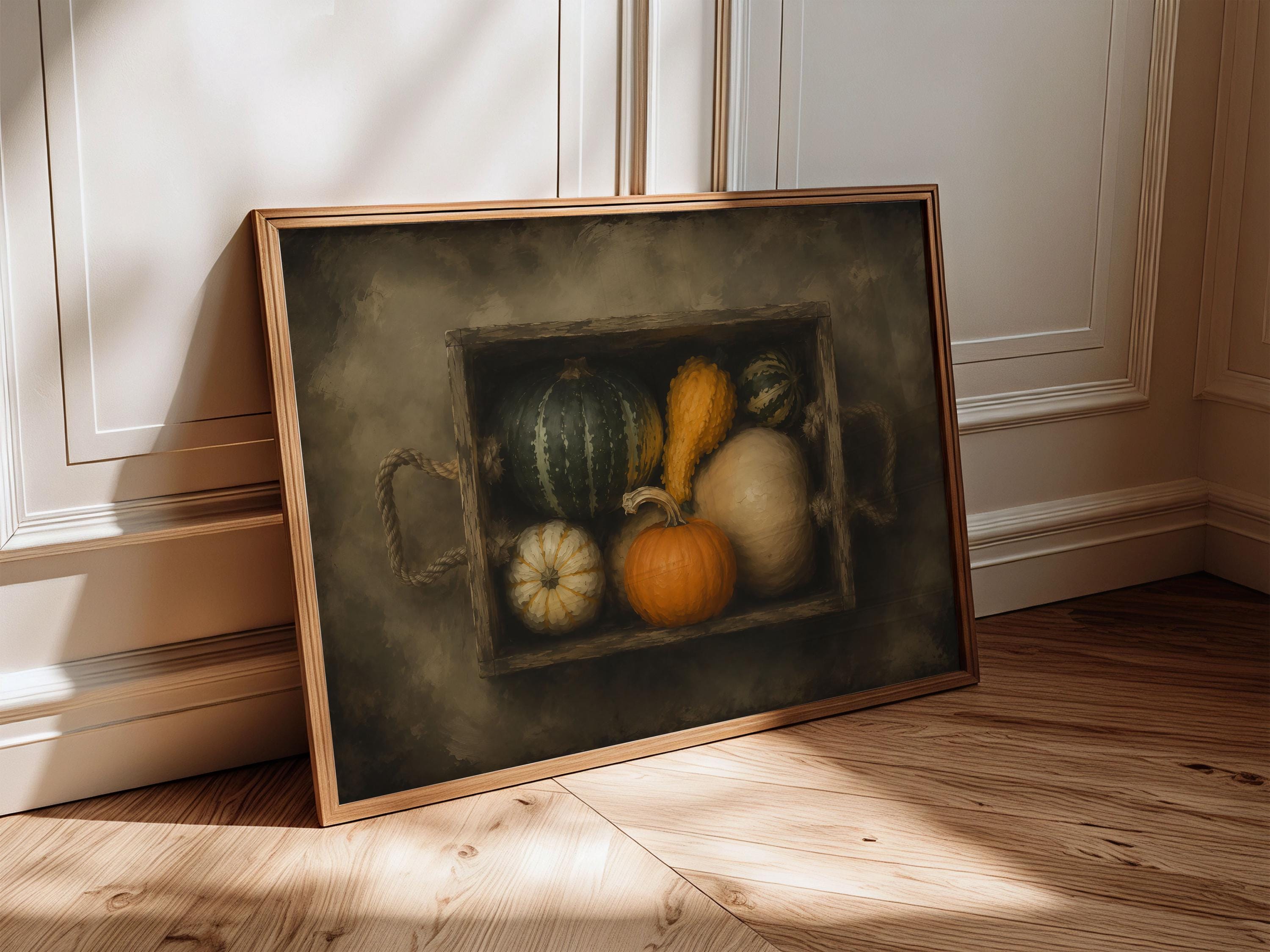 Autumn Gourds Wall Art | Vintage Harvest Still Life | Rustic Farmhouse Decor | Fall Kitchen Artwork | Cottagecore Painting