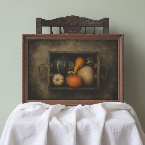 Autumn Gourds Wall Art | Vintage Harvest Still Life | Rustic Farmhouse Decor | Fall Kitchen Artwork | Cottagecore Painting